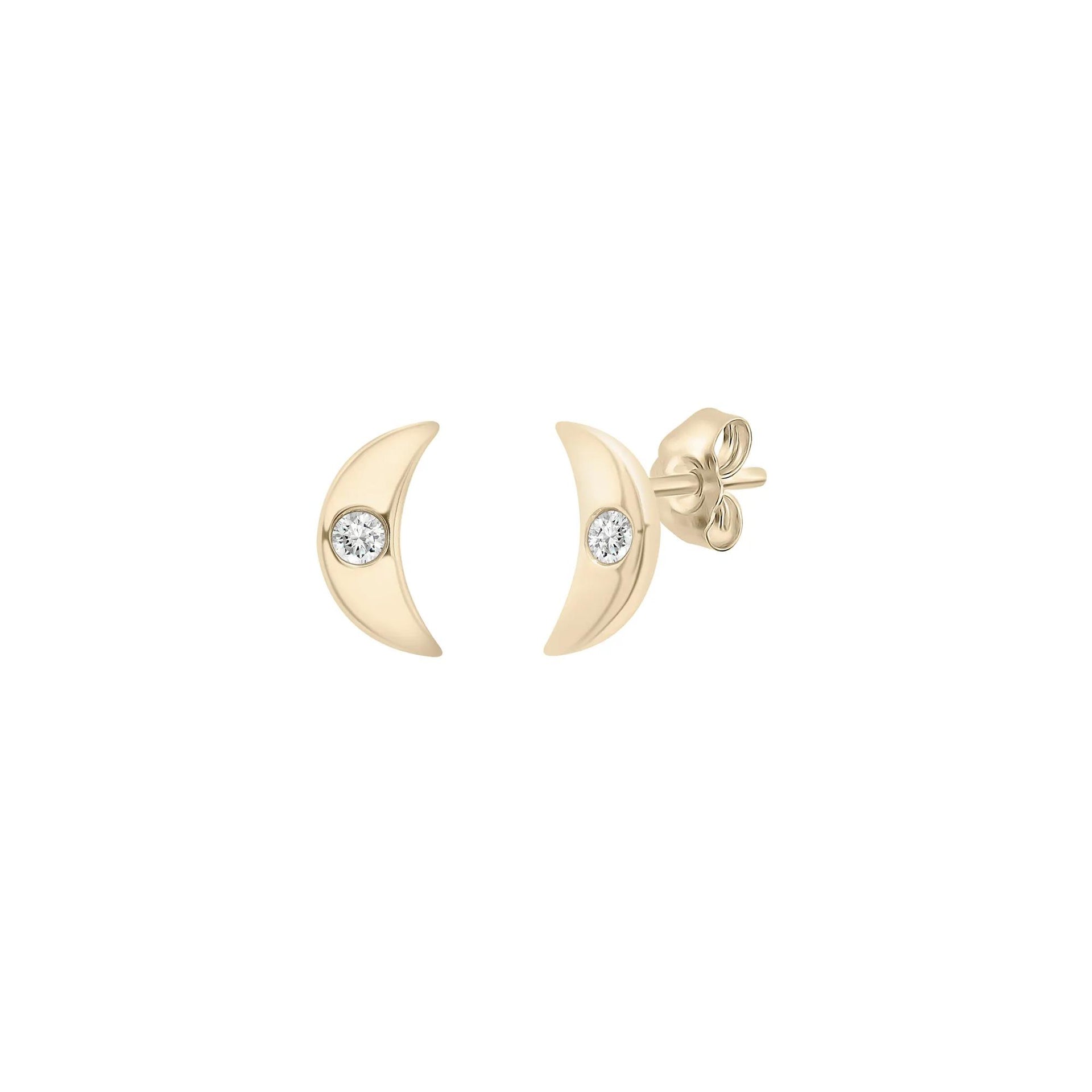 Diamond Crescent Moon Bezel Stud Earrings 10K Yellow Gold Size 7.80mm