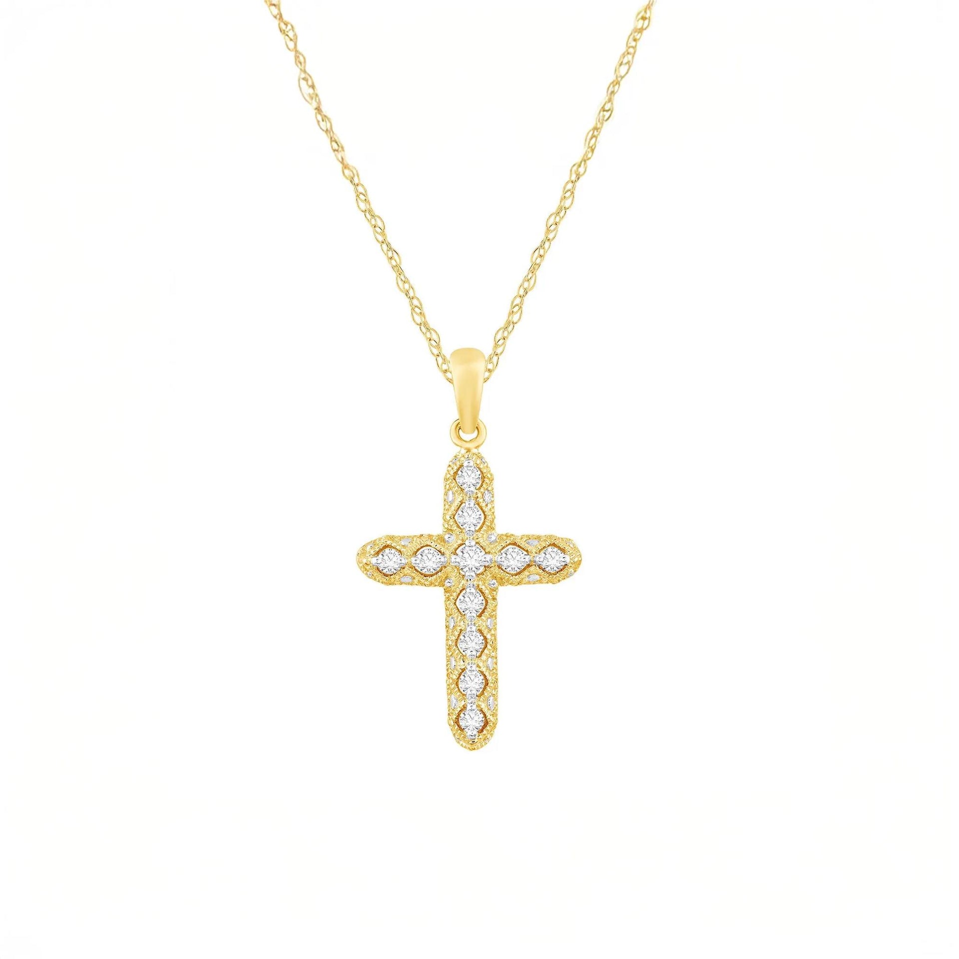 1/7 CT. Tw. Diamond Cross Pendant Necklace 14K Yellow Gold Size 18"