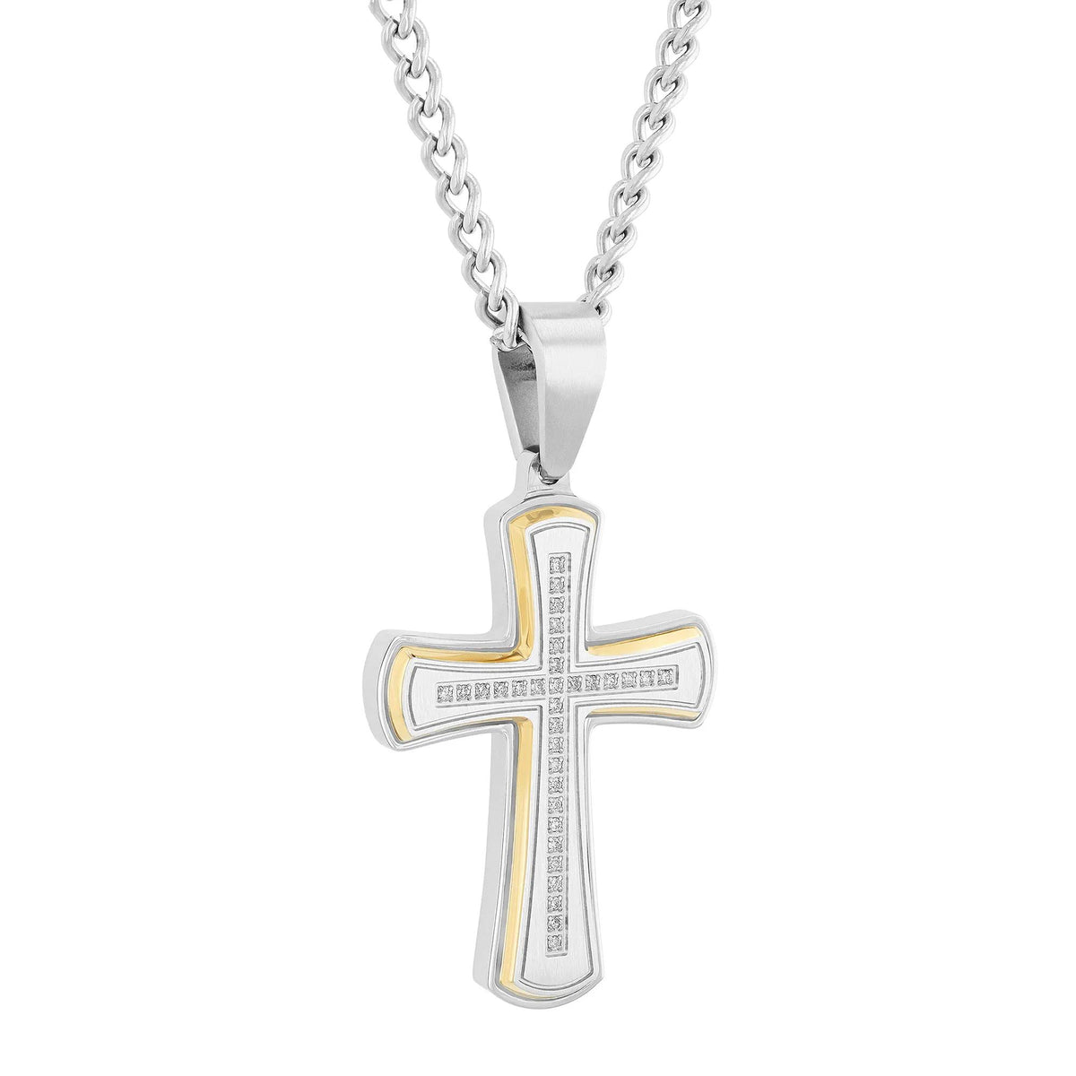 Diamond Cross Pendant Necklace Stainless Steel and Yellow Ion-Plated Stainless Steel Gray Size 24"