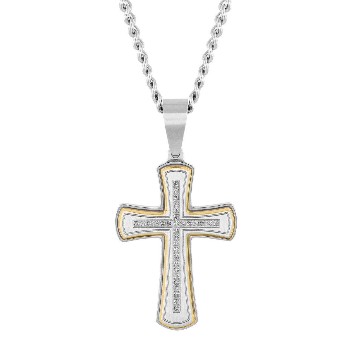 Diamond Cross Pendant Necklace Stainless Steel and Yellow Ion-Plated Stainless Steel Gray Size 24"