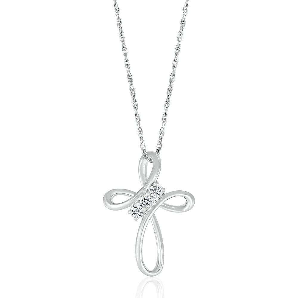 1/8 CT. Tw. Diamond Cross Pendant Necklace with Three-Stone Design 10K White Gold Size 18"