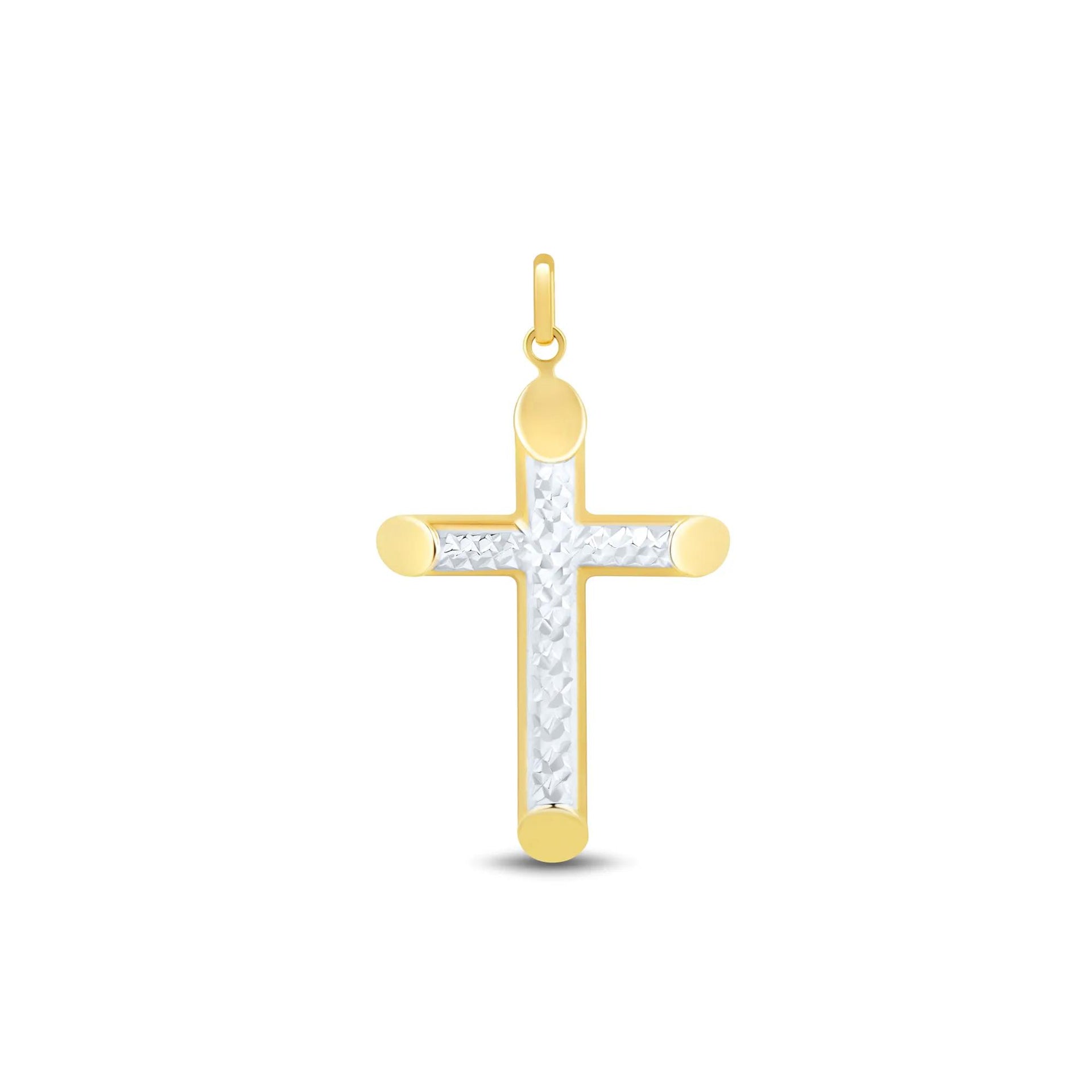 Diamond-Cut Cross Pendant Necklace 10K Yellow and White Gold Size 20.00mm