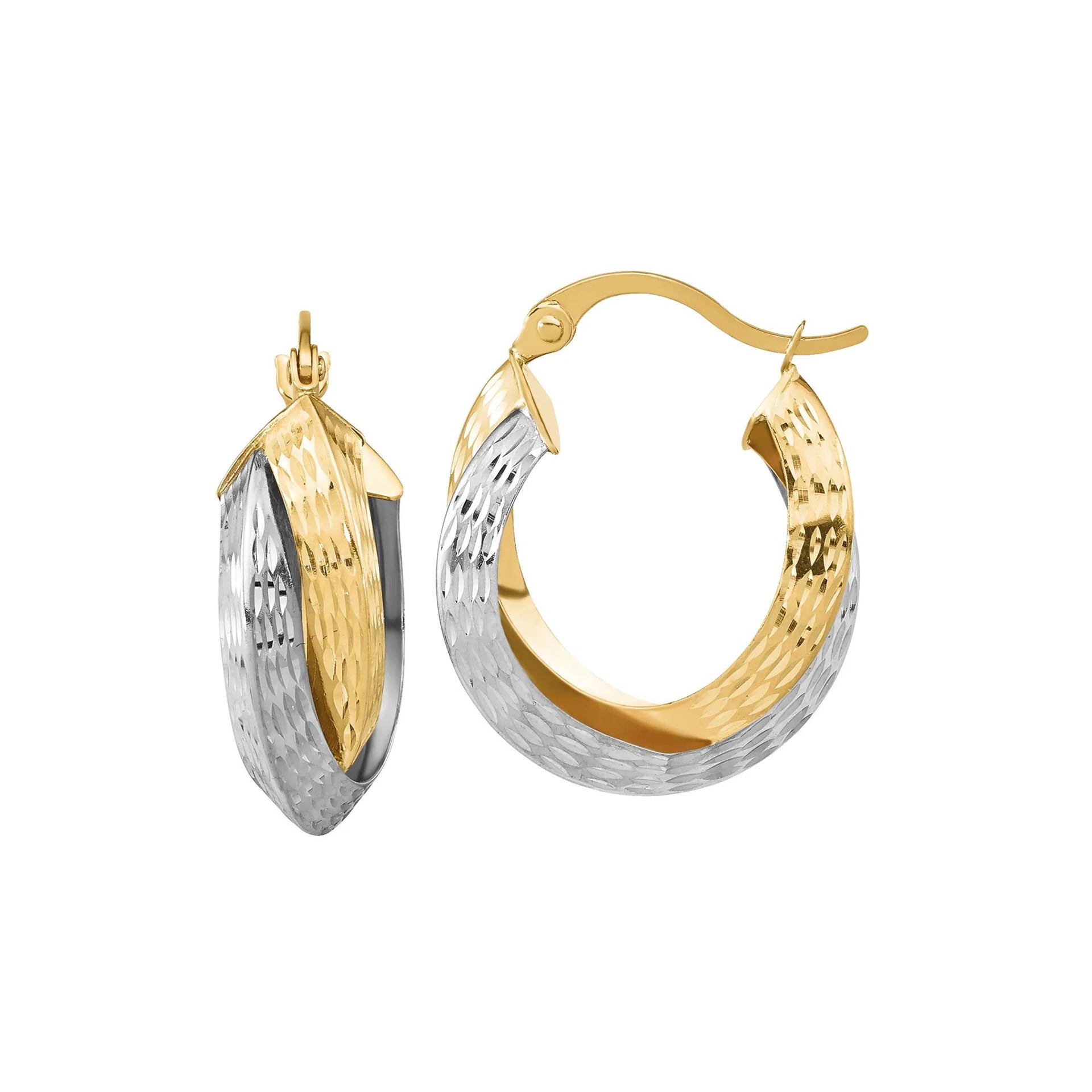Diamond-Cut Double Hoop Earrings 14K Yellow and White Gold Size 17.50mm