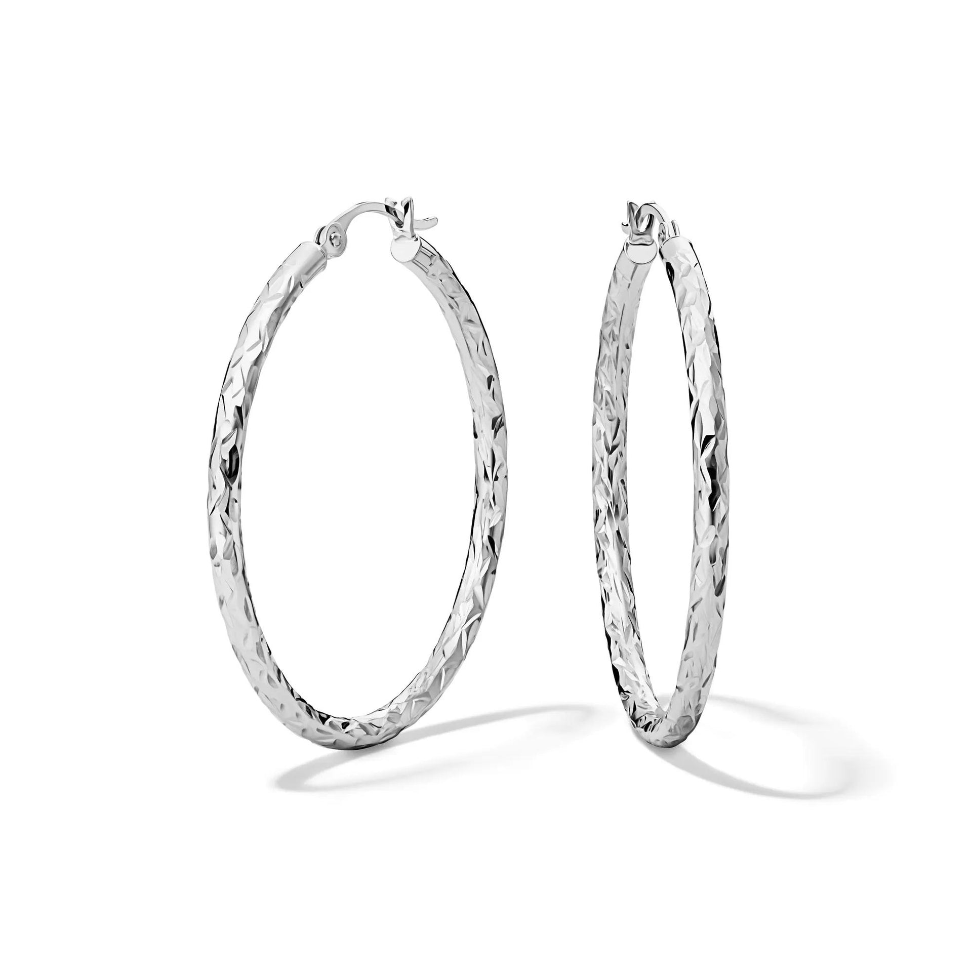 Diamond-Cut Hoop Earrings 14K White Gold Size 30.00mm