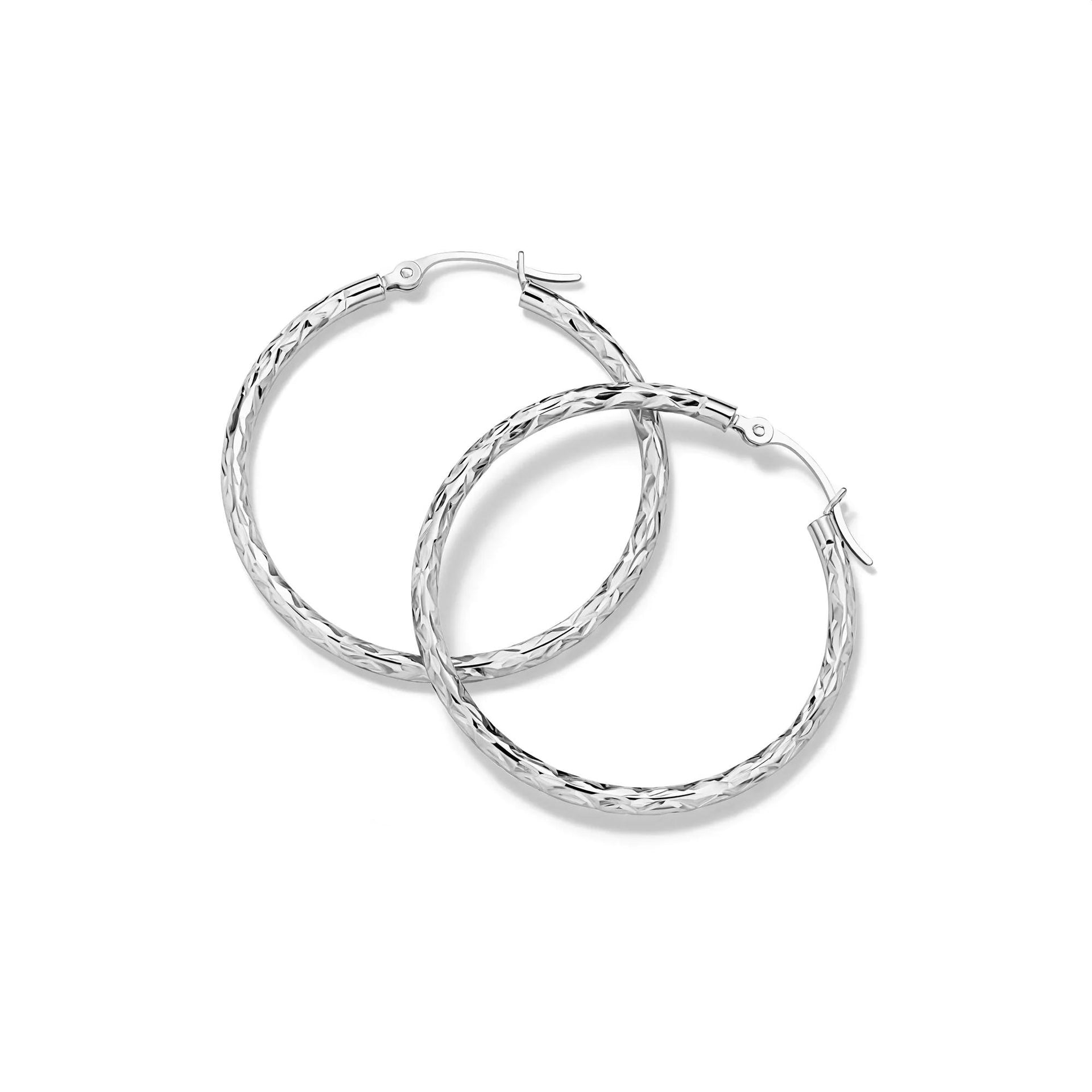 Diamond-Cut Hoop Earrings 14K White Gold Size 30.00mm