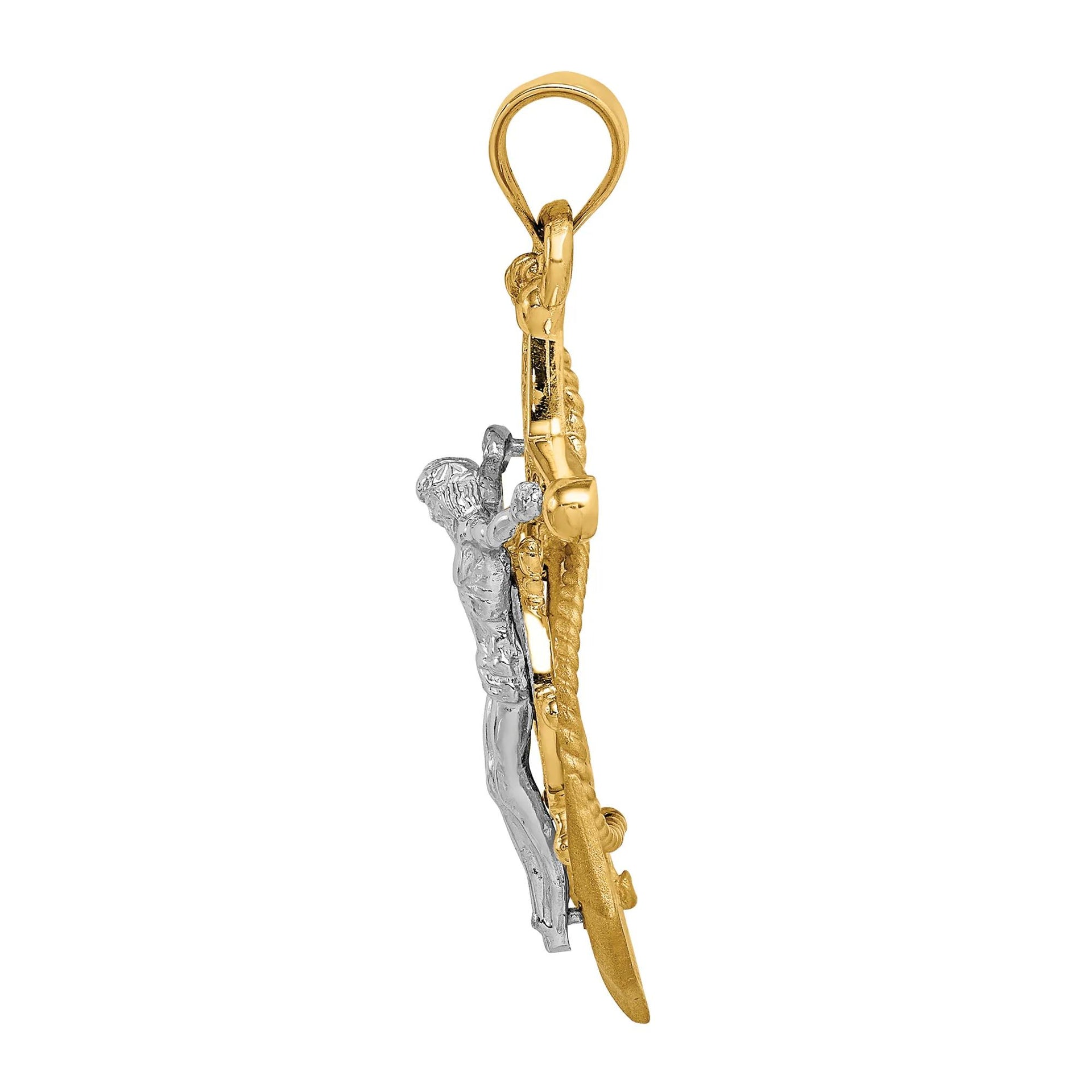 Diamond-Cut Mariner Anchor Cross Pendant Necklace 14K Yellow and White Gold Size 21.00mm