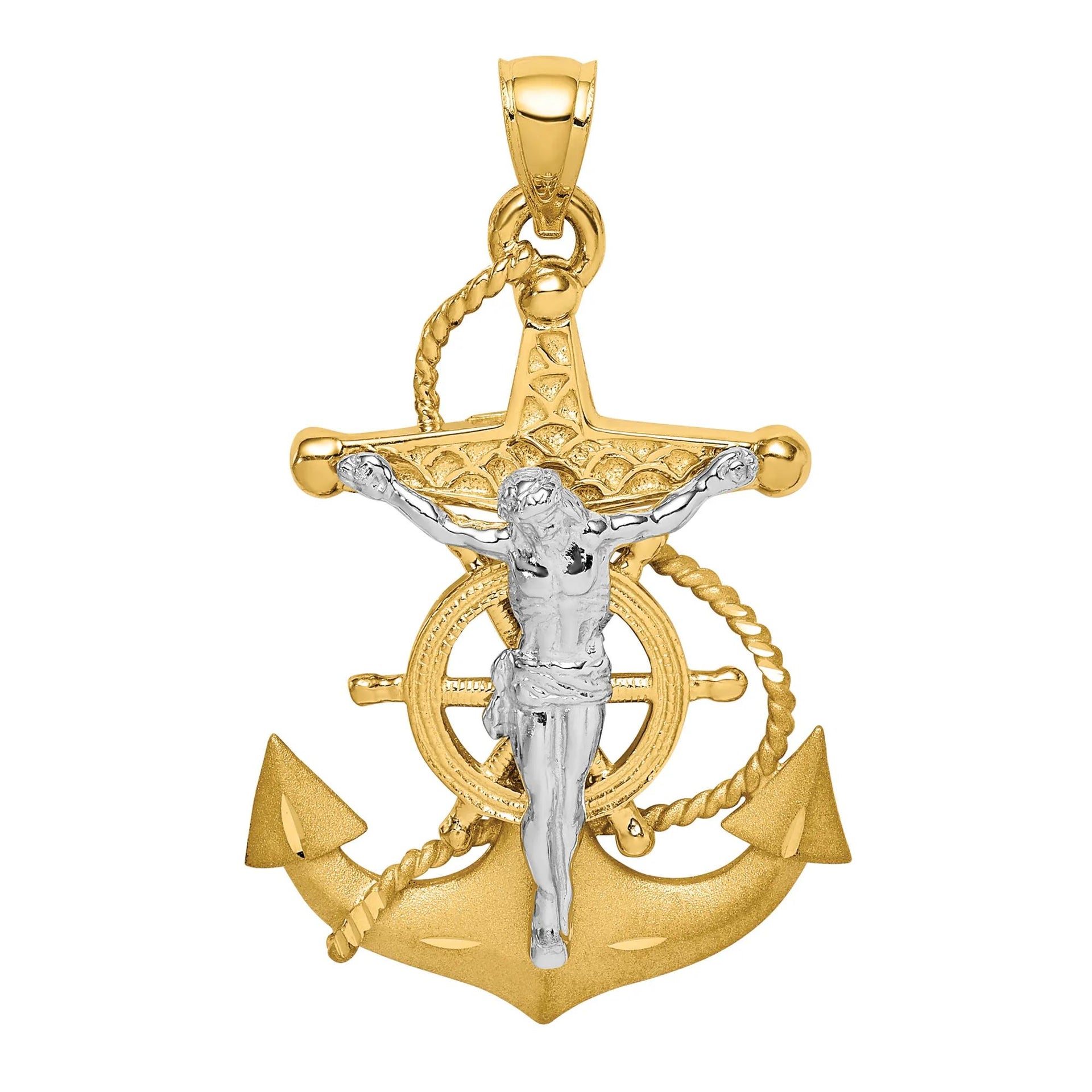 Diamond-Cut Mariner Anchor Cross Pendant Necklace 14K Yellow and White Gold Size 21.00mm