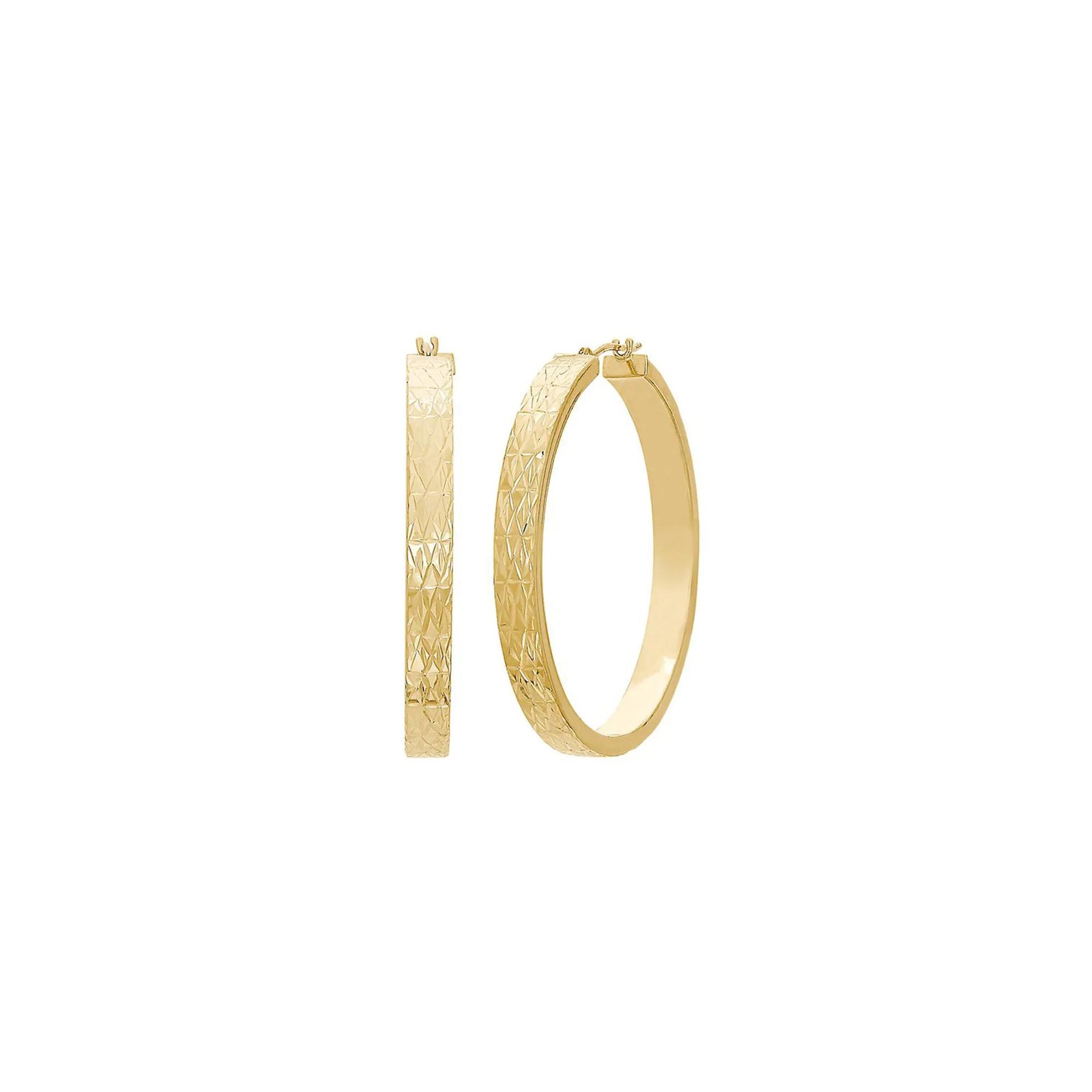 Diamond Cut Rectangular Hoop Earrings 14K Yellow Gold Size 40.00mm