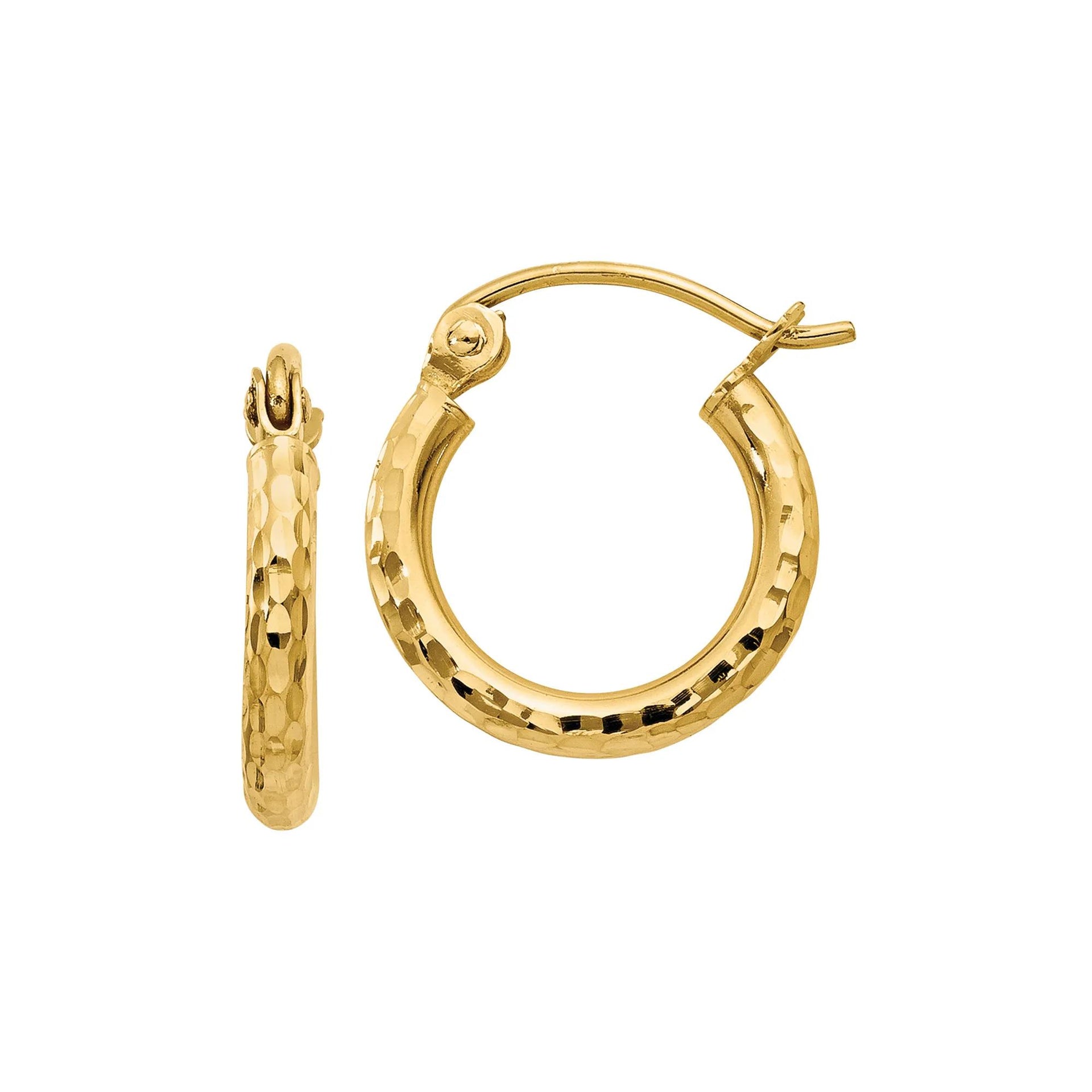 Diamond-Cut Round Tube Hoop Earrings 14K Yellow Gold Size 13.00mm