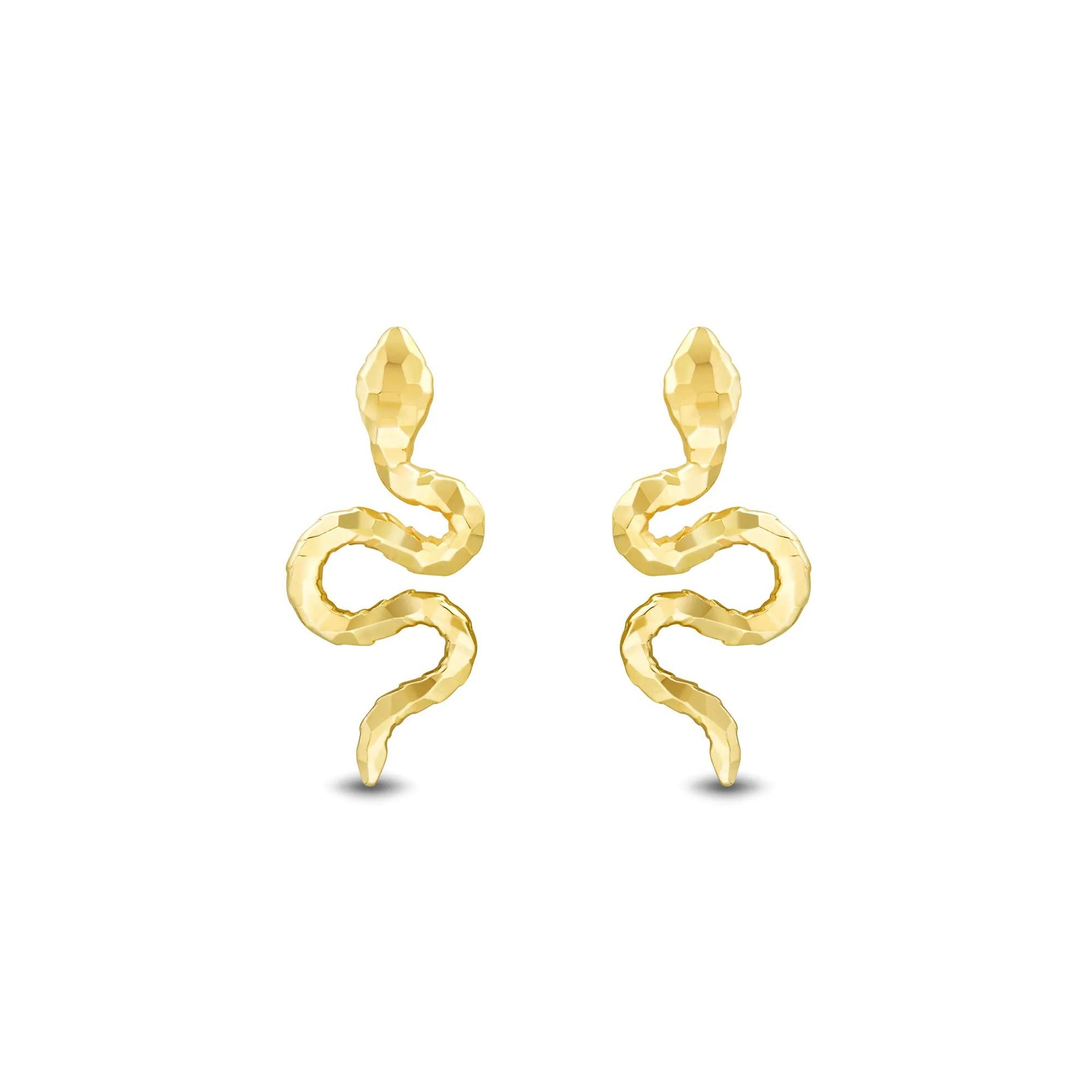 Diamond-Cut Snake Stud Earrings 14K Yellow Gold Size 7.20mm