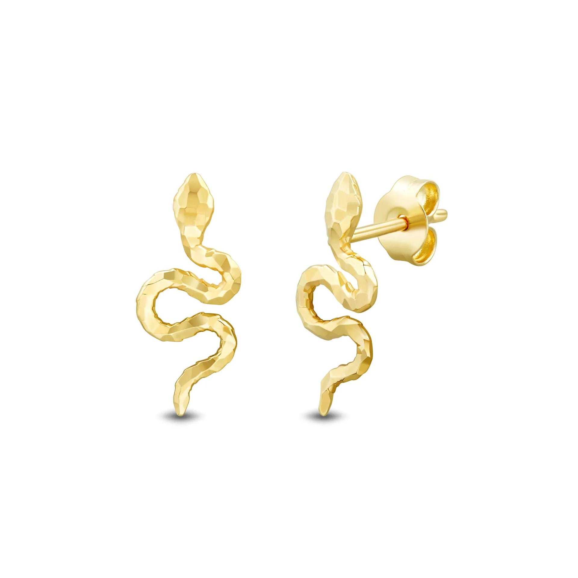 Diamond-Cut Snake Stud Earrings 14K Yellow Gold Size 7.20mm