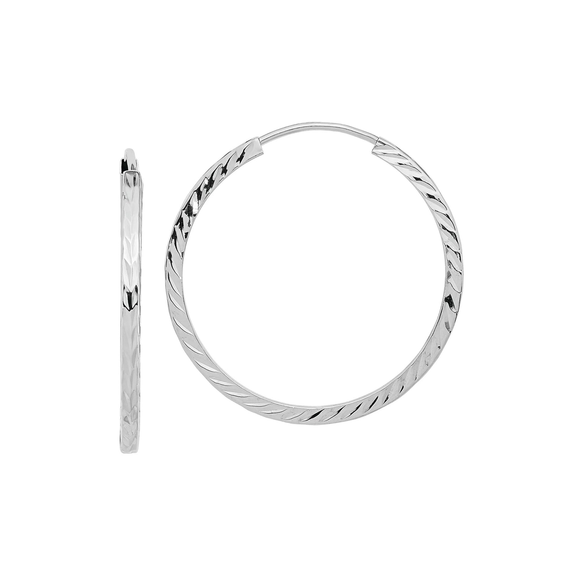 Diamond-Cut Square Tube Endless Hoop Earrings 14K White Gold Size 25.00mm