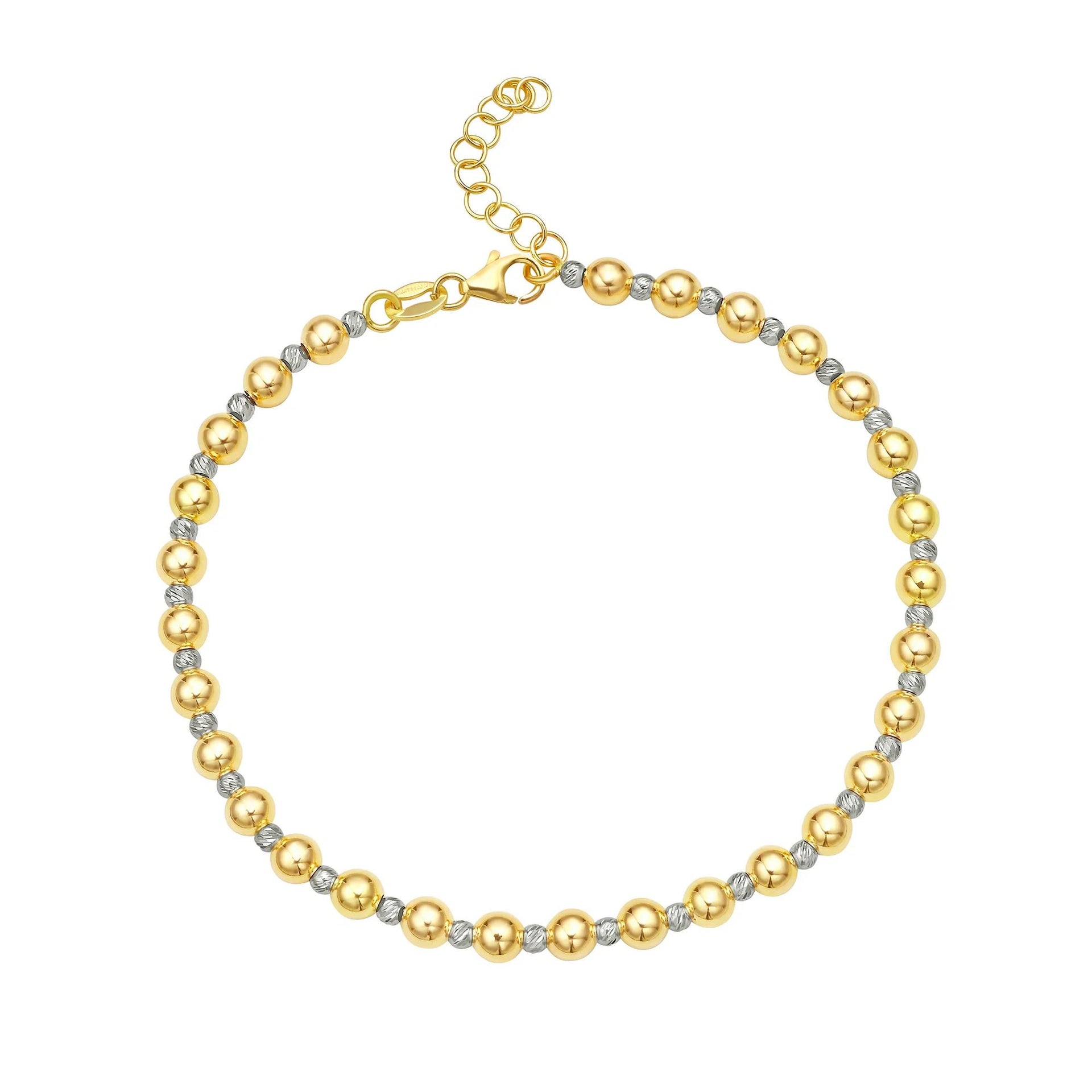 Diamond-Cut Two-Tone Bead Bracelet 14K White and Yellow Gold Size 4.00mm