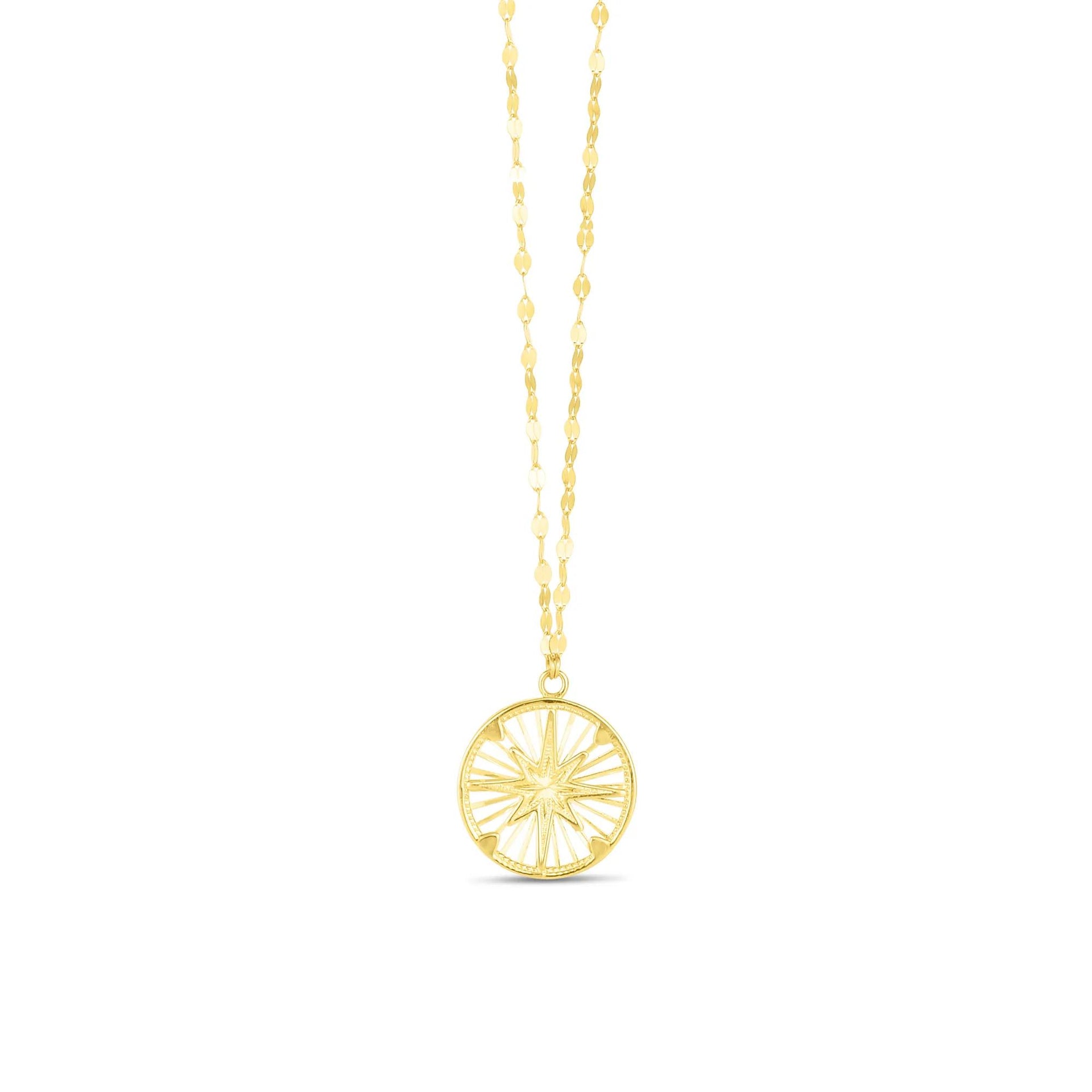 Diamond-Cut Wheel Compass Medallion 14K Yellow Gold Size 18"