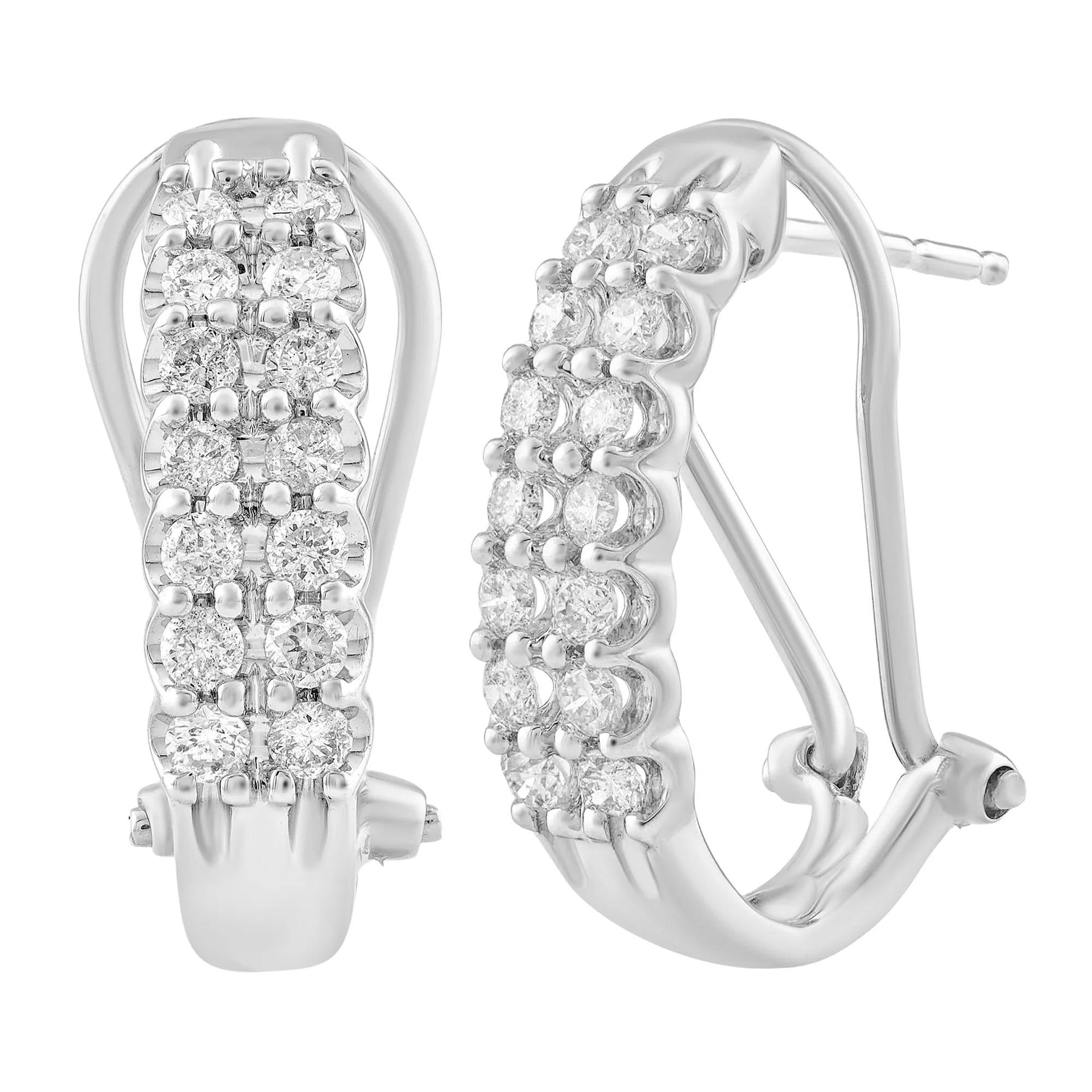 1/2 CT. Tw. Diamond Double Row Hoop Earrings 10K White Gold Size 4.60mm