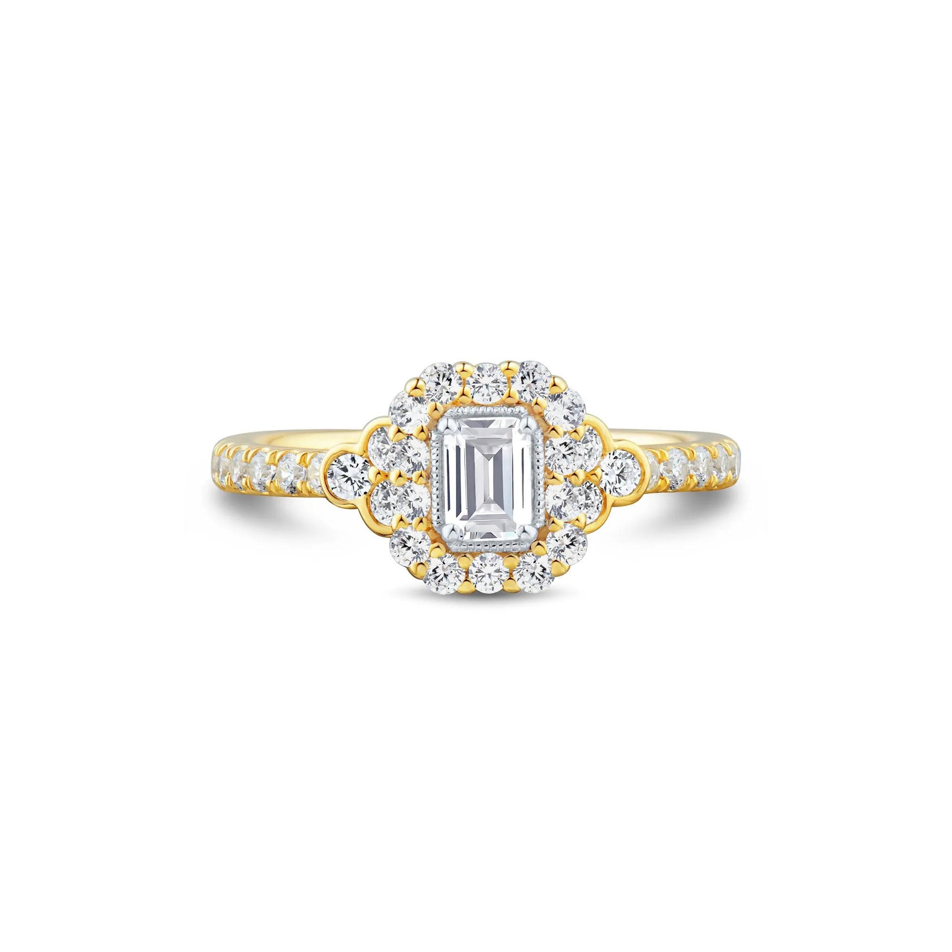 1 CT. Tw. Diamond Emerald-Cut Halo Engagement Ring 14K Yellow Gold Size 7.5 1.5mm