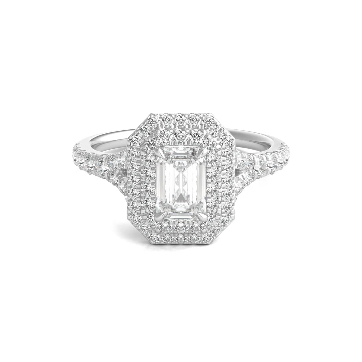 1/2 CT. Tw. Diamond Emerald Step-Cut Double Halo Engagement Ring 14K White Gold Size 8.5