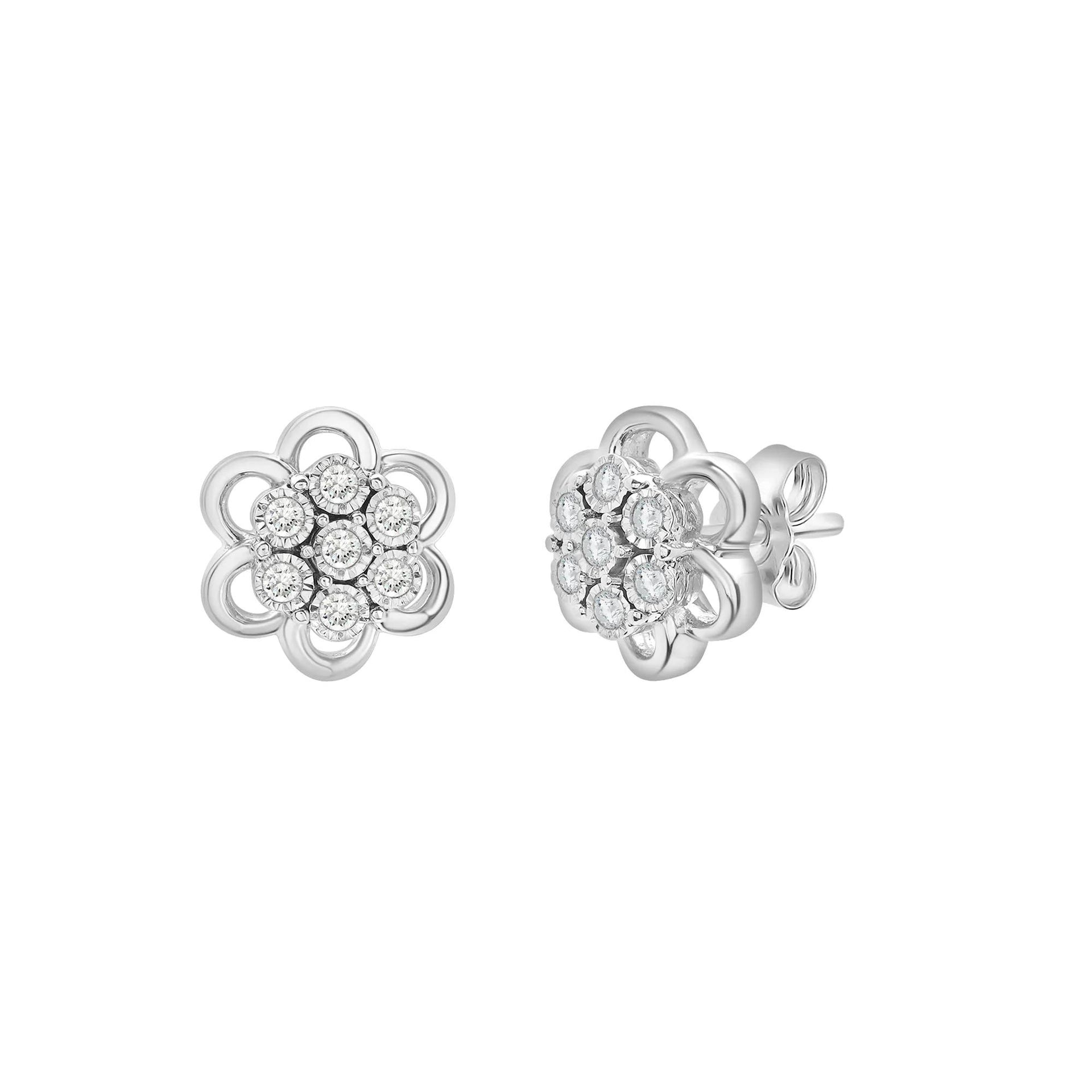 1/4 CT. Tw. Diamond Flower Cluster Pendant Necklace & Earrings Boxed Set .925 Sterling Silver White Size 18"