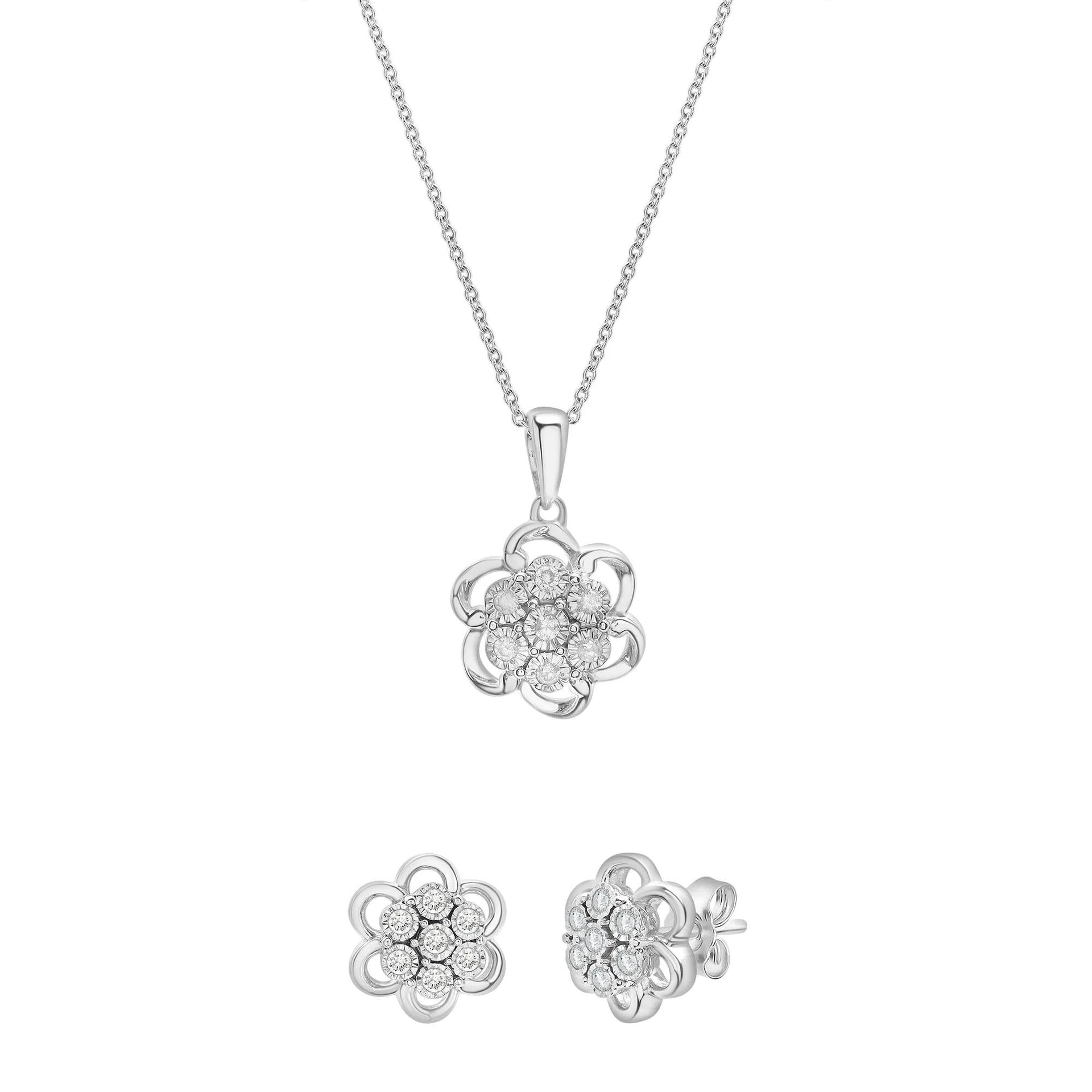 1/4 CT. Tw. Diamond Flower Cluster Pendant Necklace & Earrings Boxed Set .925 Sterling Silver White Size 18"