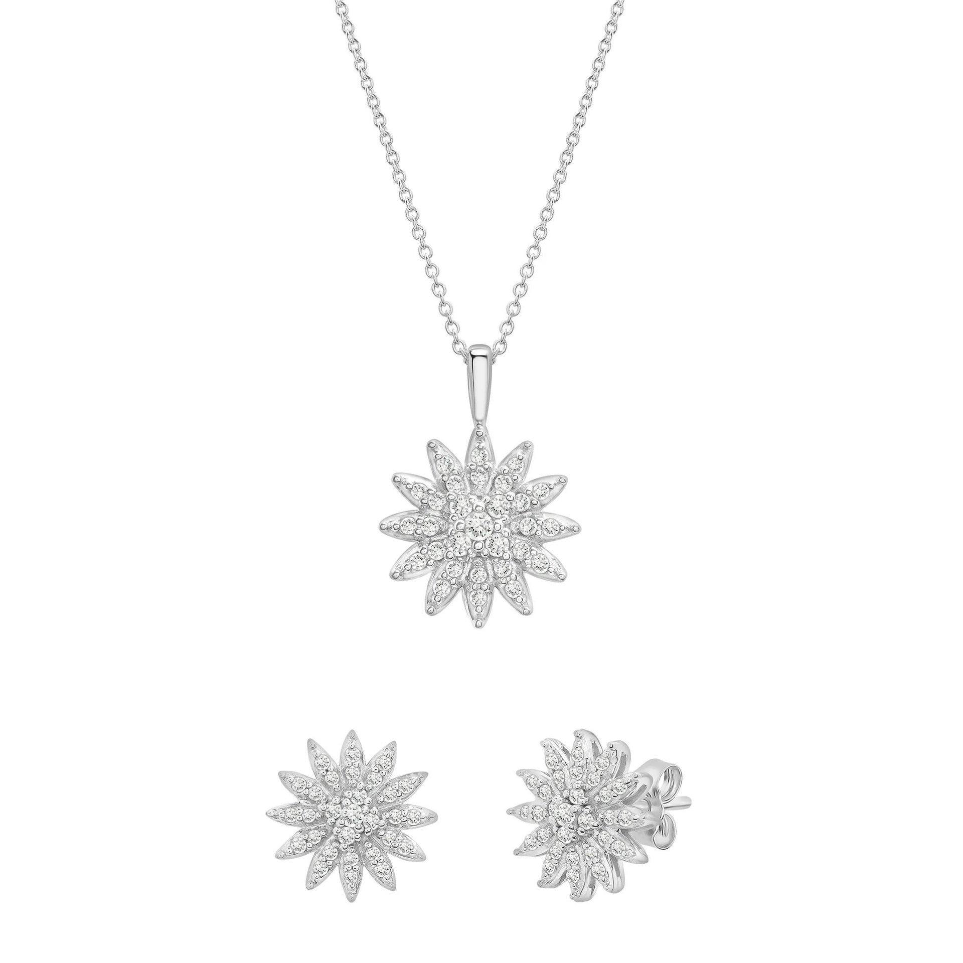 1/2 CT. Tw. Diamond Flower Pendant & Stud Earrings Boxed Set .925 Sterling Silver White Size 18"
