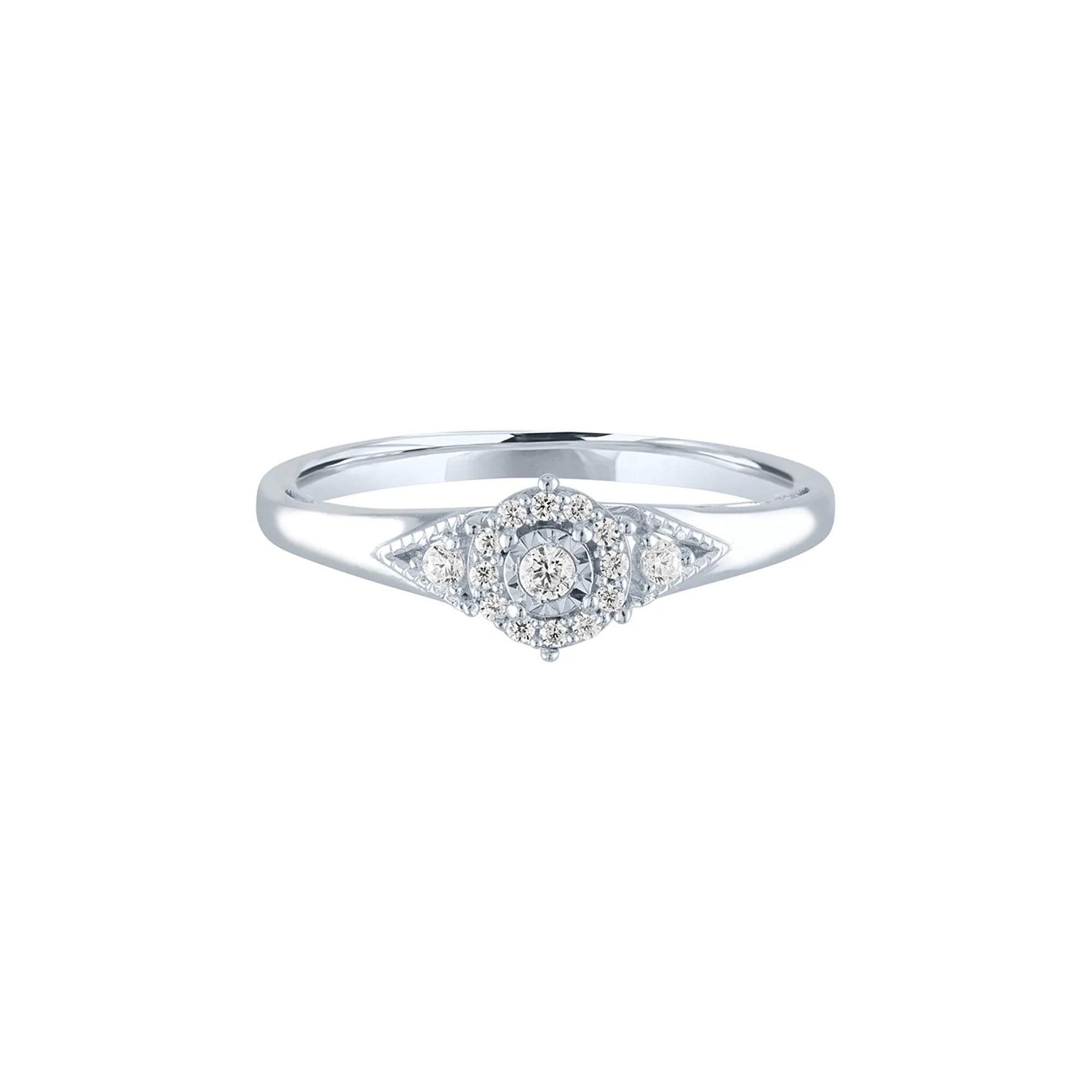 1/8 CT. Tw. Diamond Halo Promise Ring with Side Stones .925 Sterling Silver Round Brilliant Cut White Size 7.5