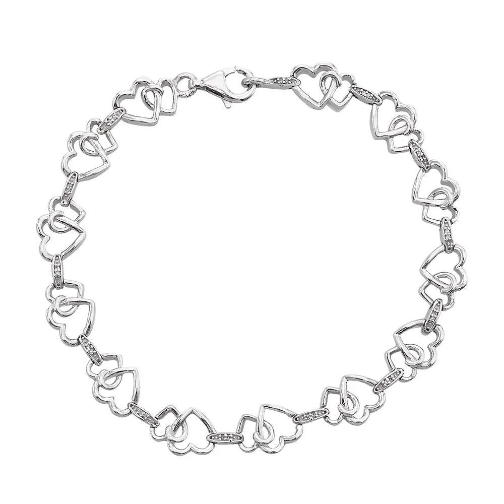Diamond Heart Bracelet .925 Sterling Silver White Size 7"