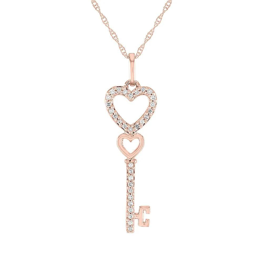 Diamond Heart Key Pendant Necklace 10K Rose Gold Size 18"