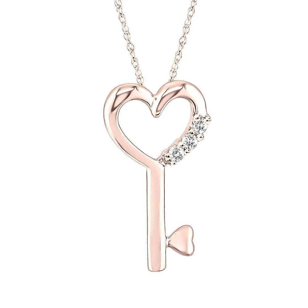 Diamond Heart Key Pendant Necklace 10K Rose Gold Size 18"