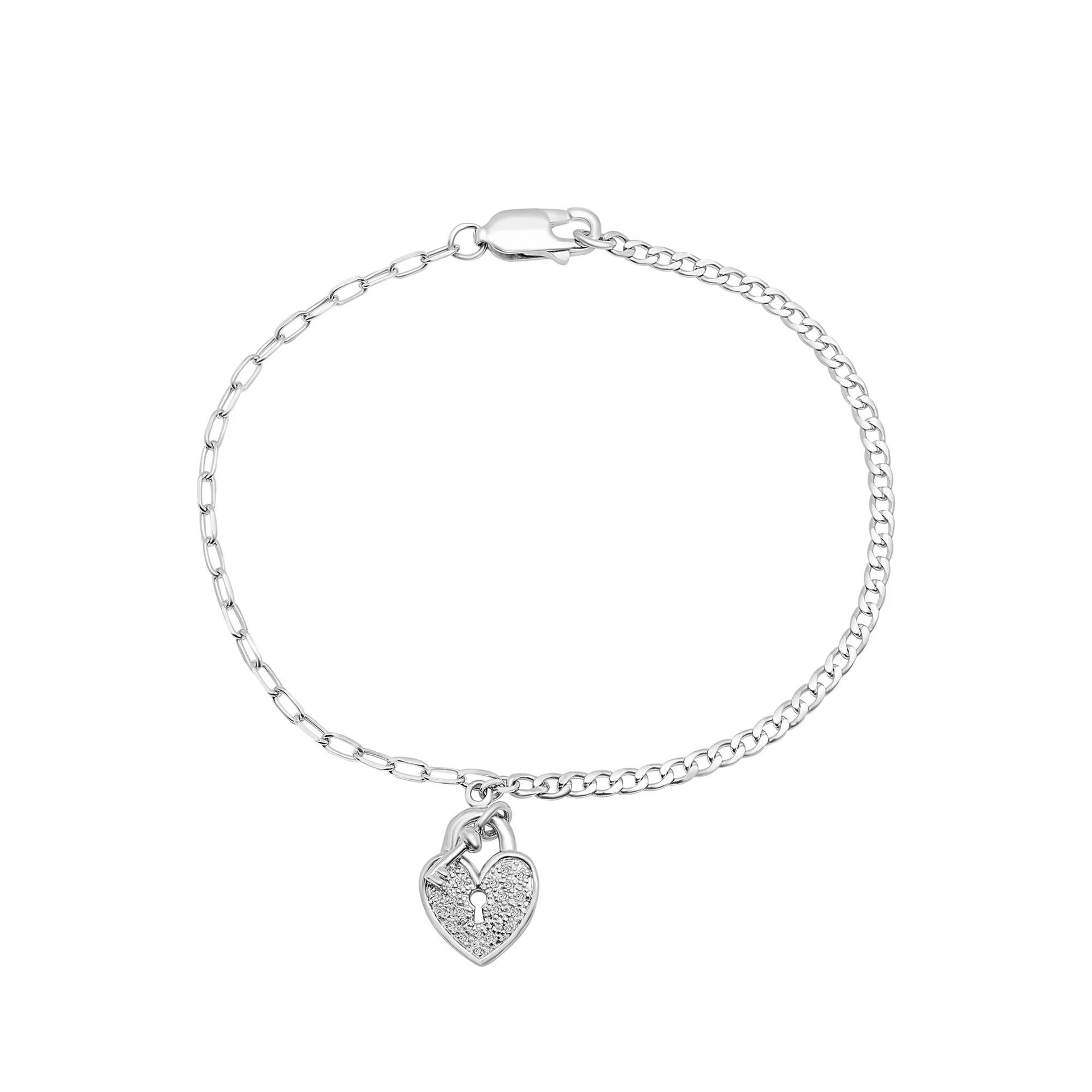 1/10 CT. Tw. Diamond Heart Lock Bracelet .925 Sterling Silver White Size 10.00mm