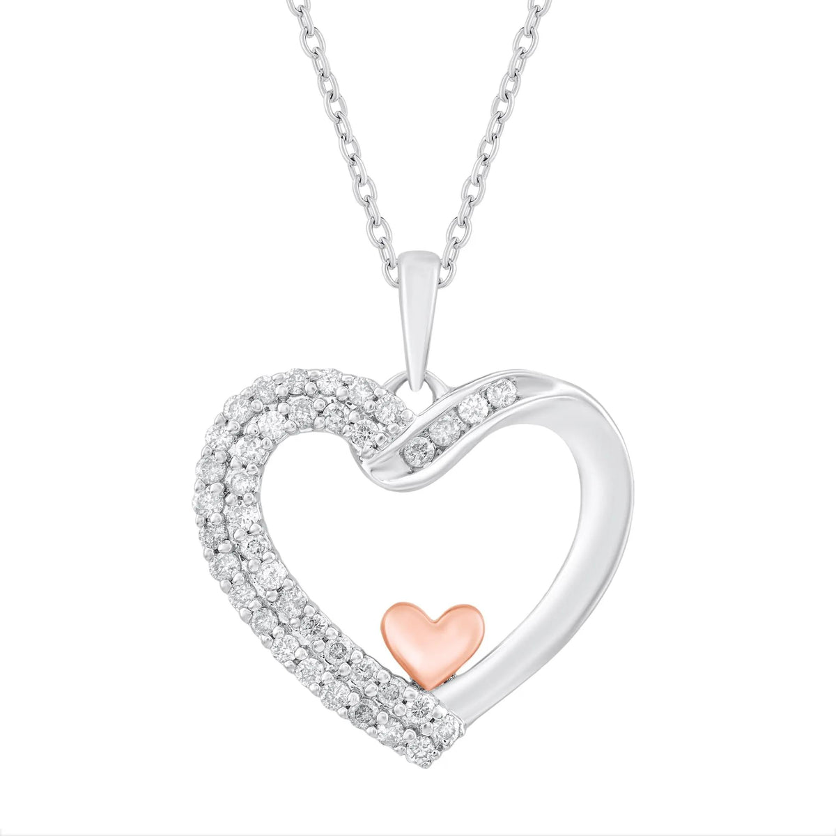 1/4 CT. Tw. Diamond Heart Pendant Necklace .925 Sterling Silver & 10K Rose Gold White Size 18"