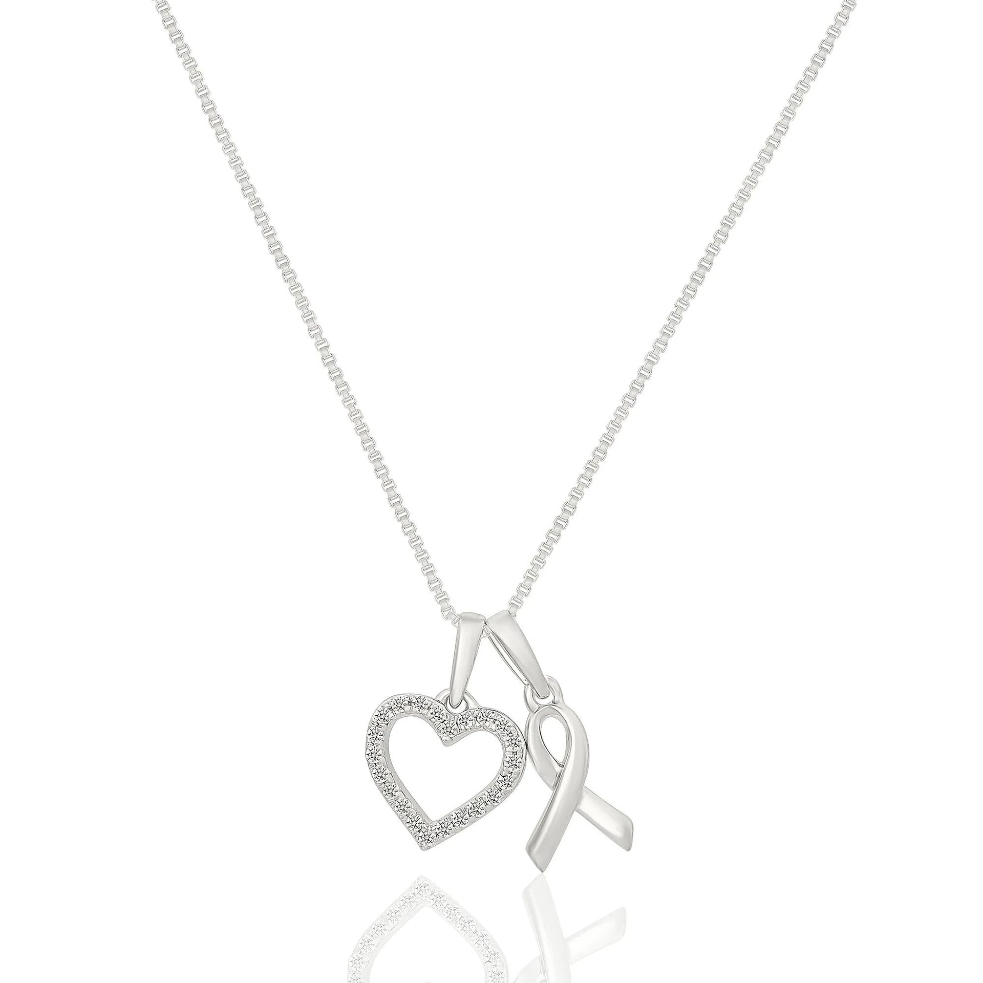 1/10 CT. Tw. Diamond Heart Ribbon Charm Pendant .925 Sterling Silver White Size 9.50mm
