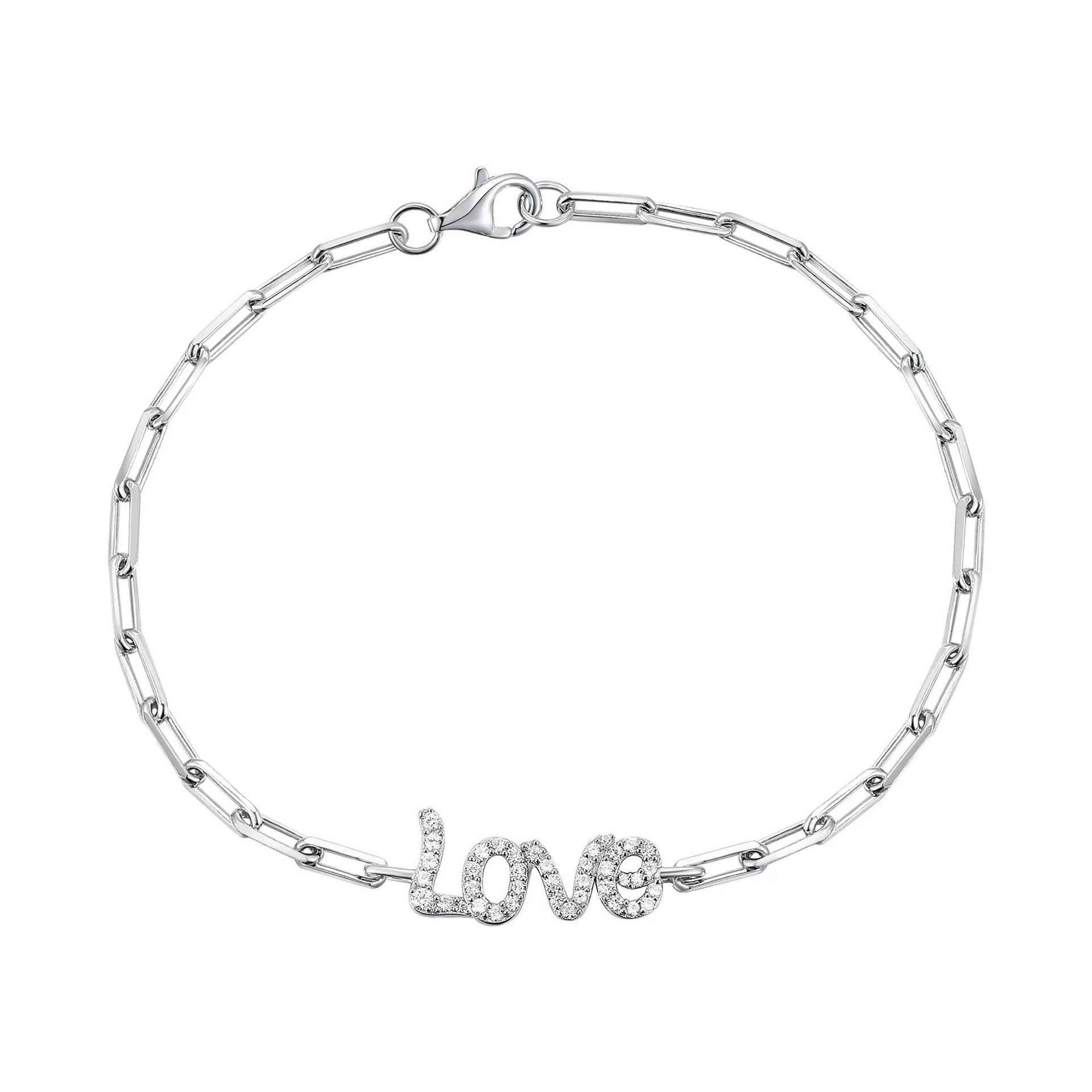 1/4 CT. Tw. Diamond Love Paperclip Chain Bracelet .925 Sterling Silver White Size 2.30mm
