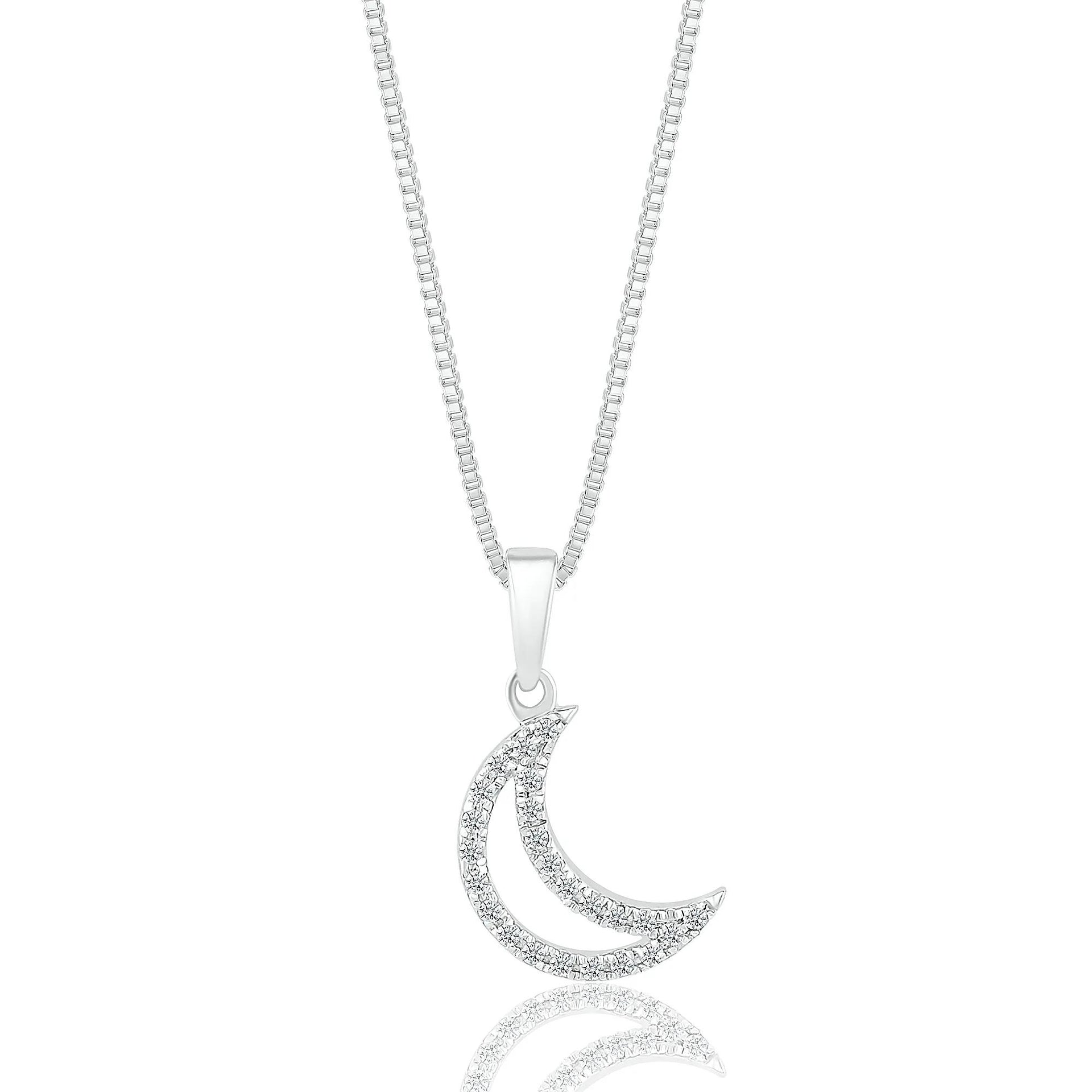 1/10 CT. Tw. Diamond Moon Pendant Necklace .925 Sterling Silver White Size 18"