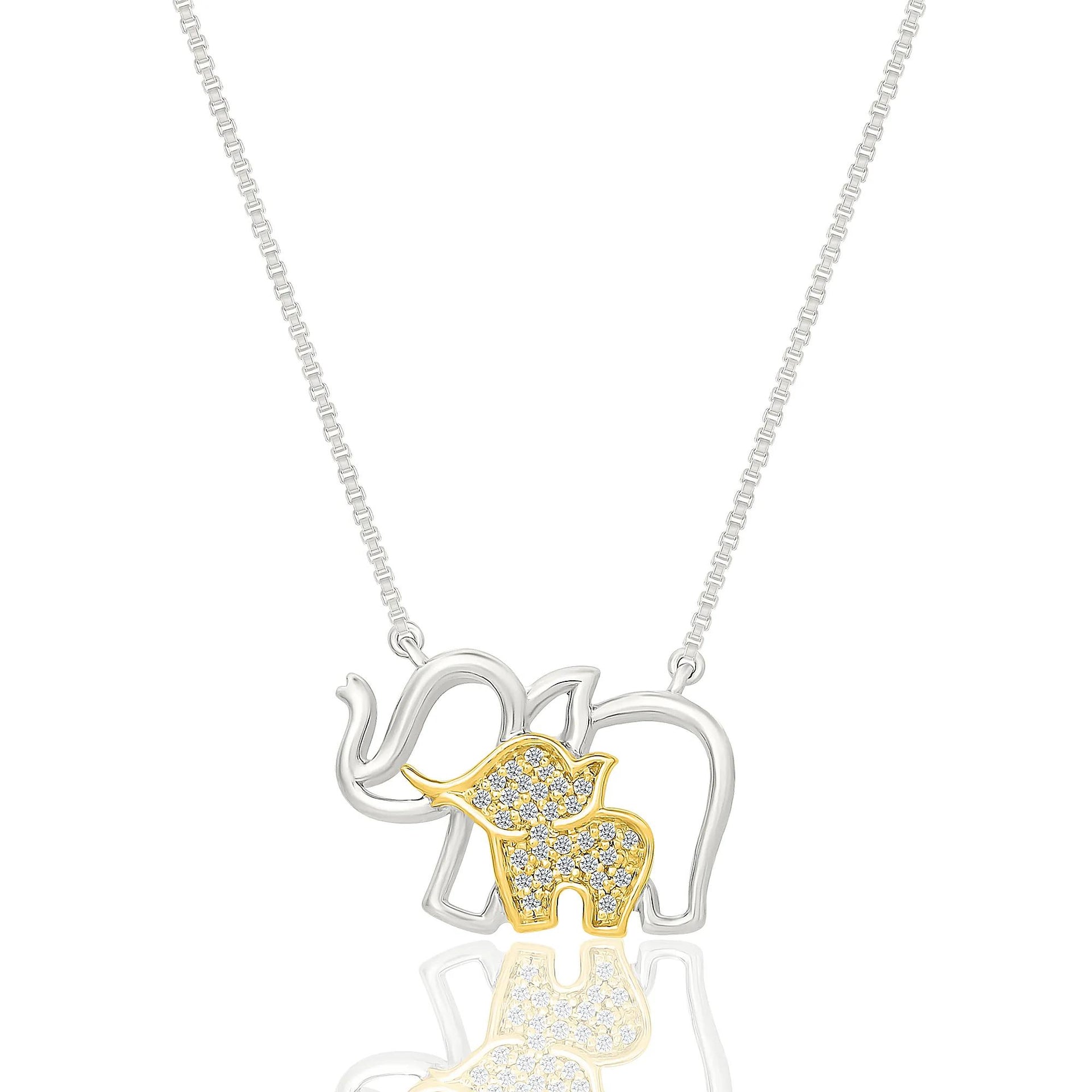1/10 CT. Tw. Diamond Mother and Child Elephant Pendant Necklace .925 Sterling Silver and 10K Yellow Gold White Size 17.5"