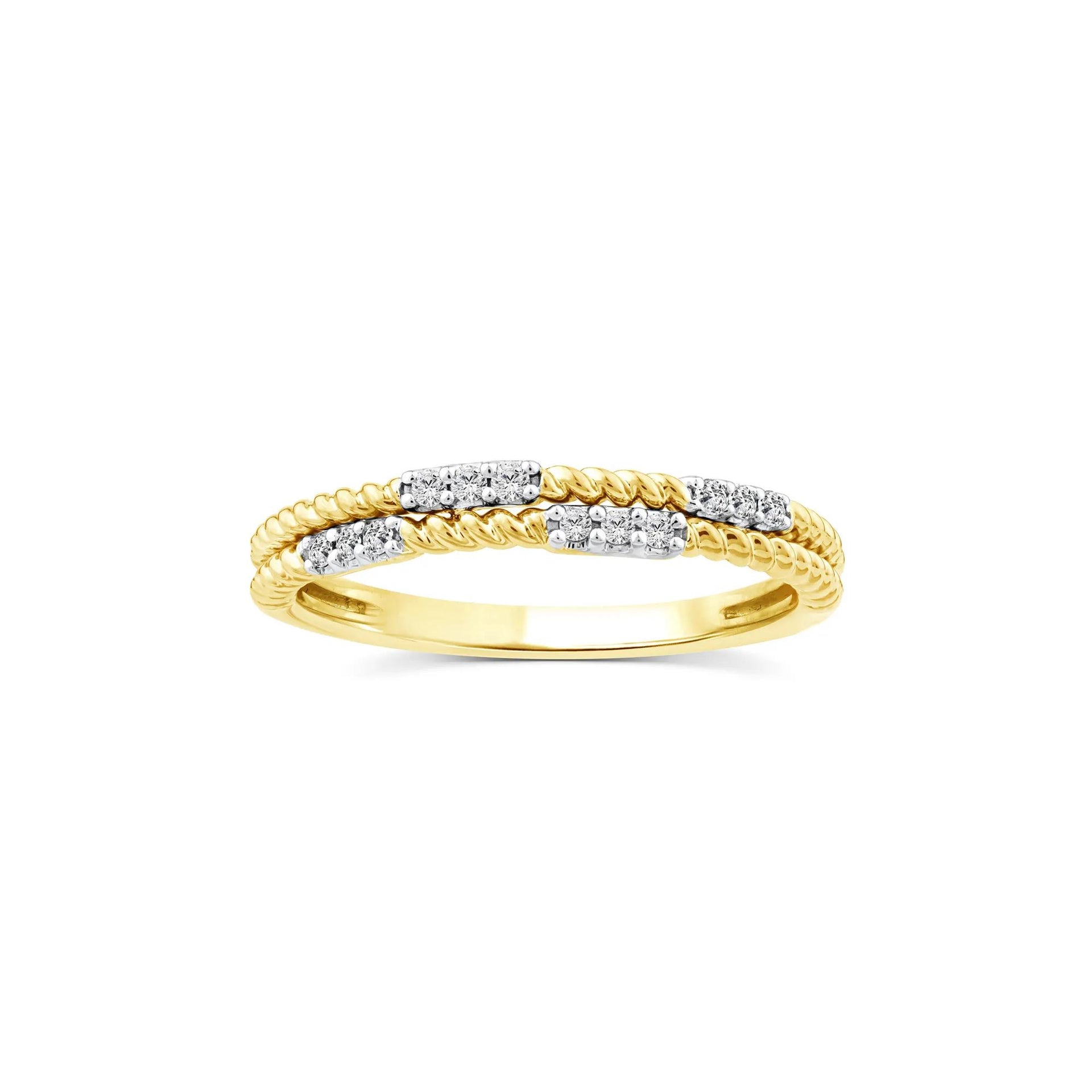 1/10 CT. Tw. Diamond Multi-Row Twist Band Ring 14K Yellow Gold Round Brilliant Cut Size 8 2mm