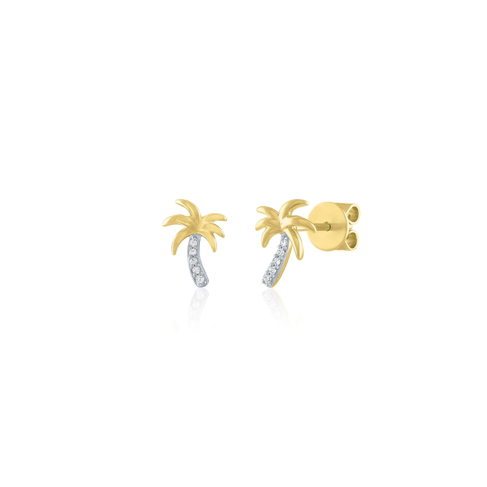 Diamond Palm Tree Stud Earrings 10K Yellow Gold Size 9.30mm