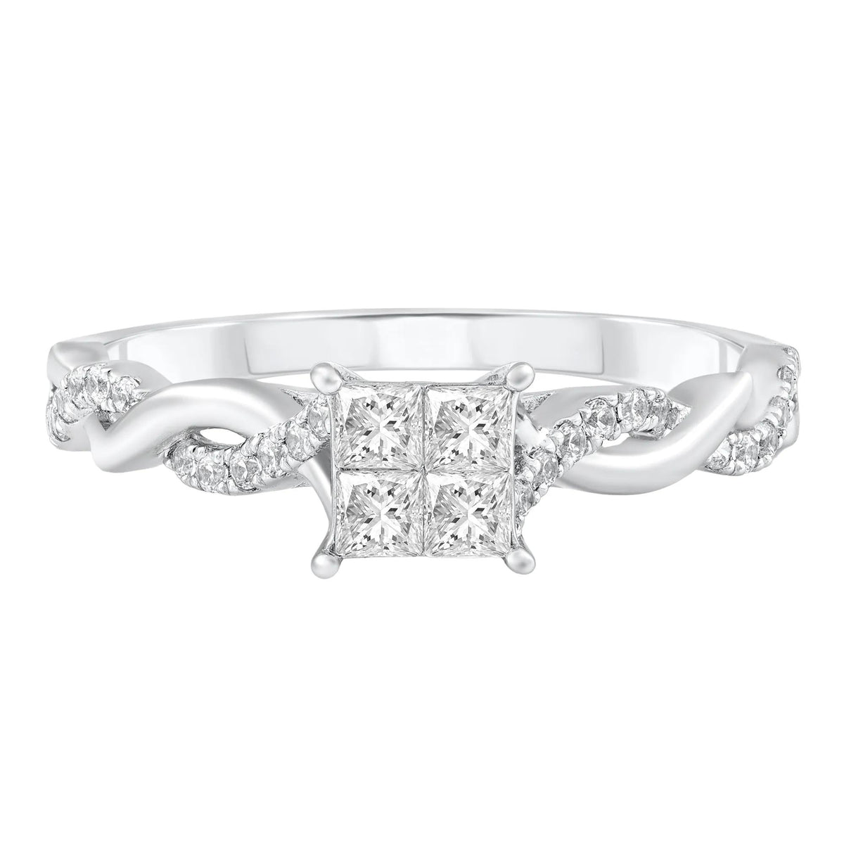 1/2 CT. Tw. Diamond Princess-Cut Twist Band Engagement Ring 14K White Gold Round Brilliant Cut Size 8