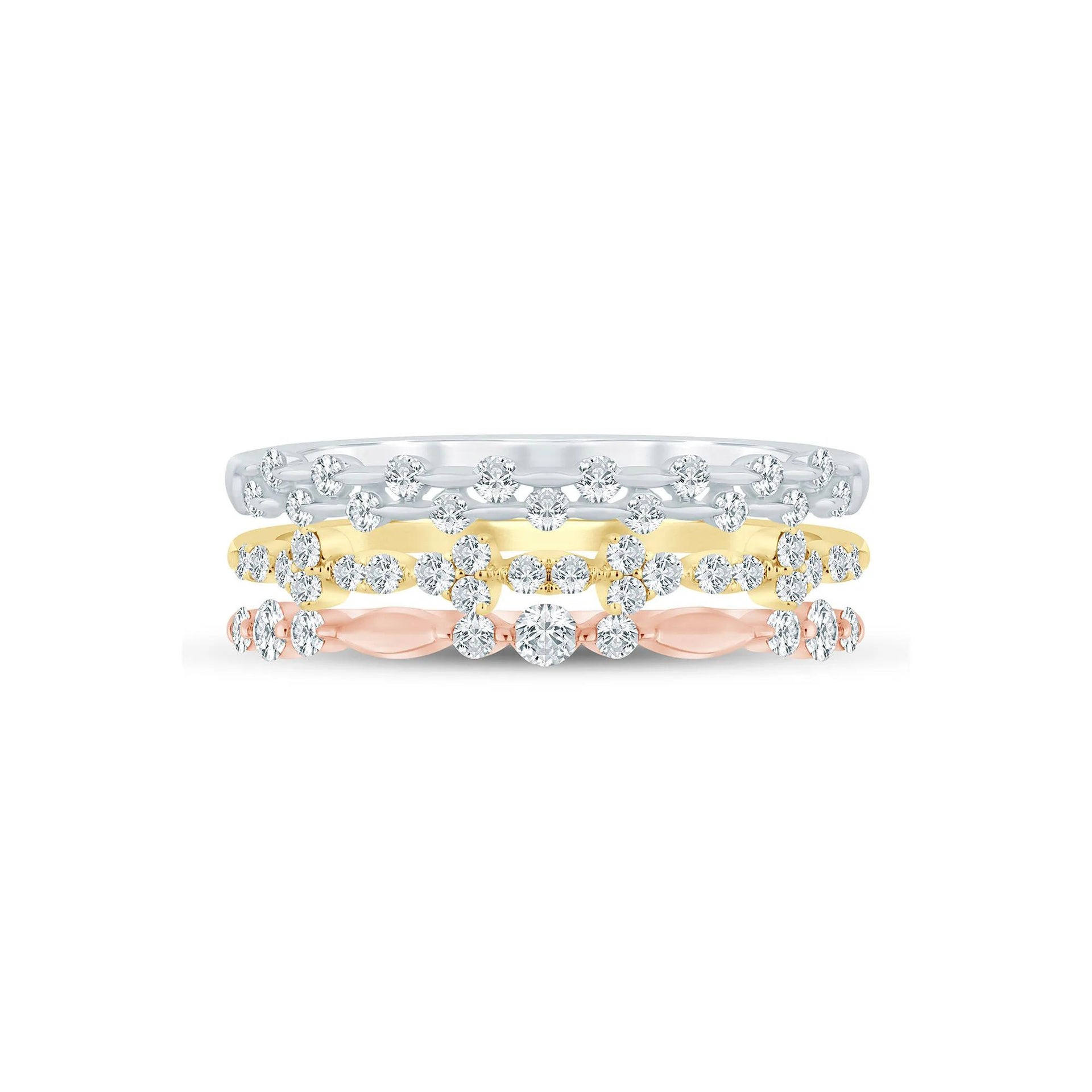 1/2 CT. Tw. Diamond Three-Piece Stack Ring Set 14K White Yellow & Rose Gold Size 7 3mm