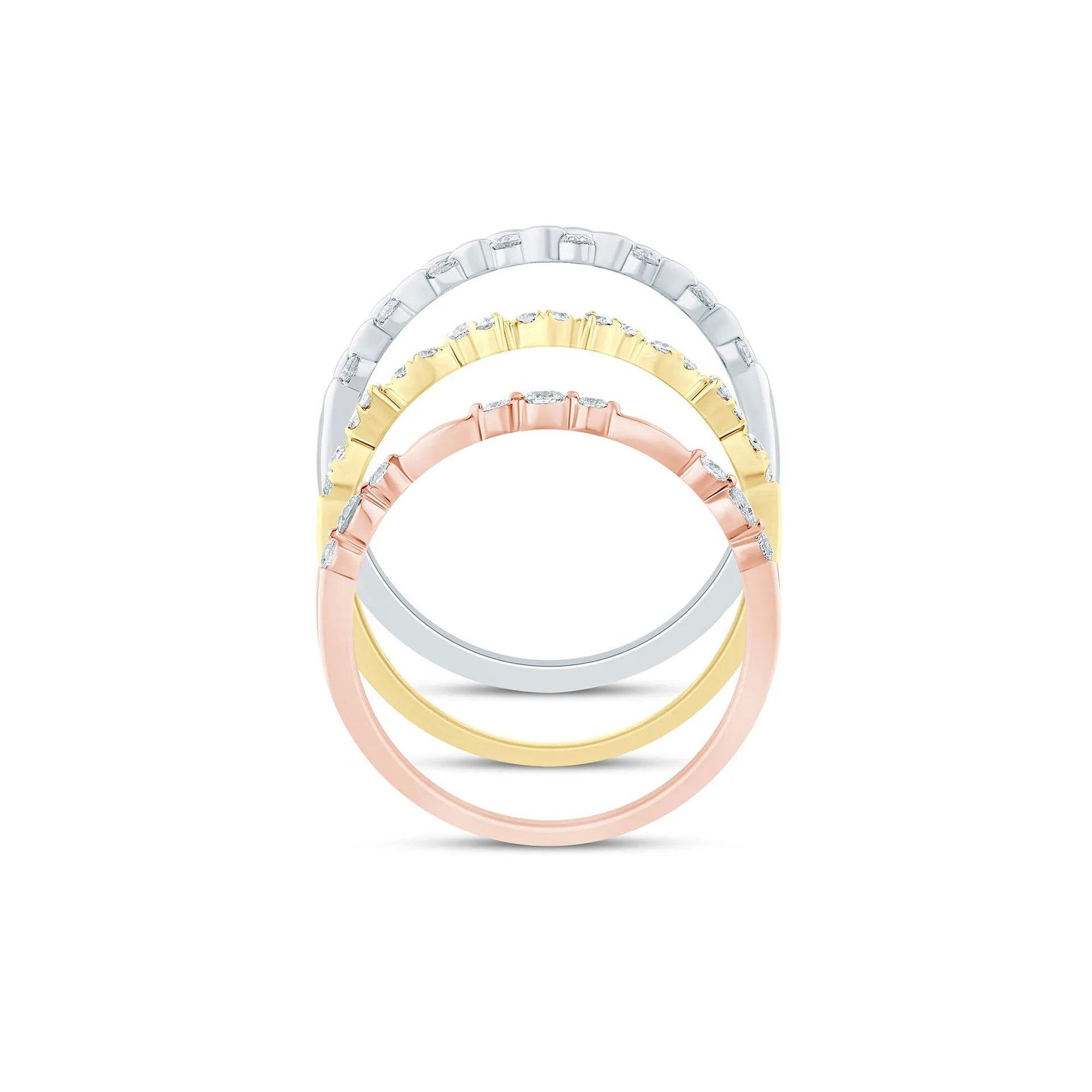 1/2 CT. Tw. Diamond Three-Piece Stack Ring Set 14K White Yellow & Rose Gold Size 7 3mm