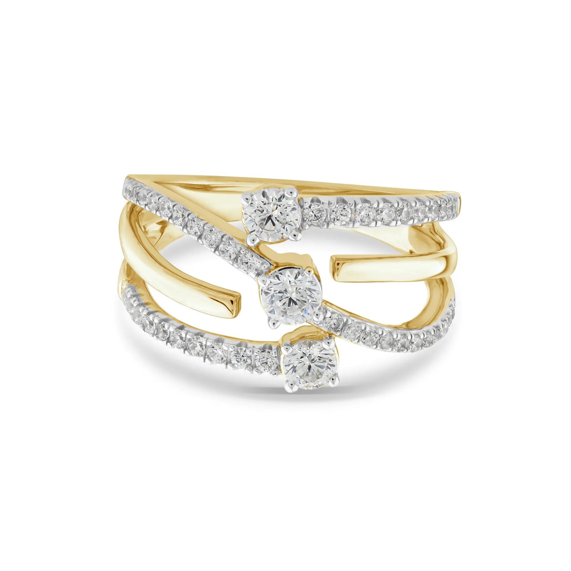 3/4 CT. Tw. Diamond Three-Row Orbit Ring 10K Yellow Gold Round Brilliant Cut Size 9 2mm