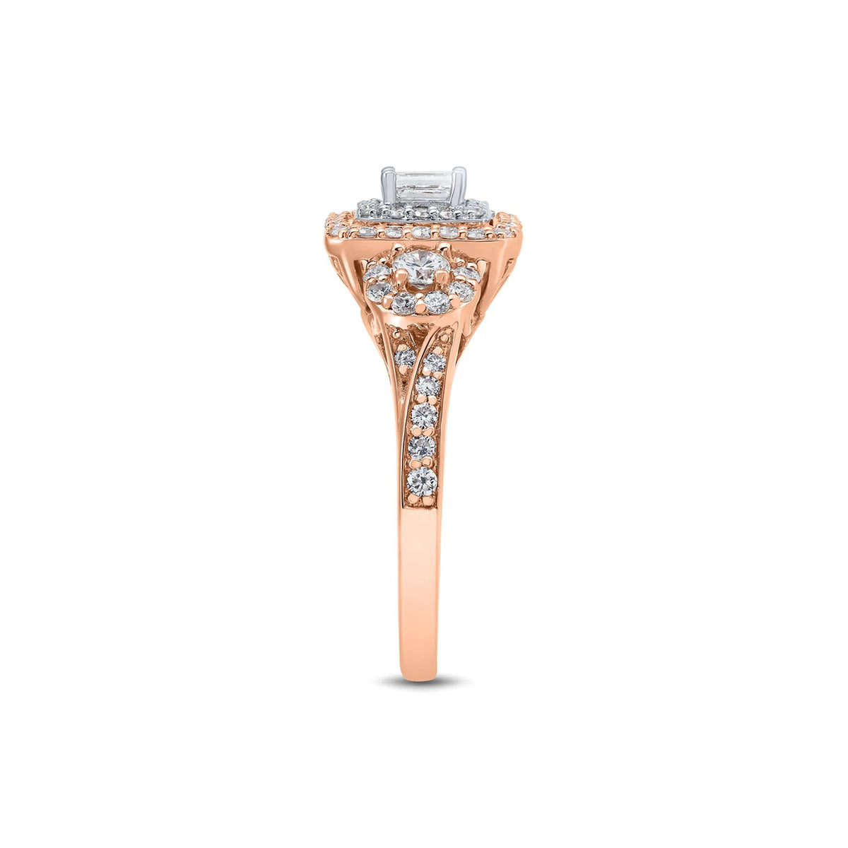 1 CT. Tw. Double Halo Emerald-Cut Diamond Engagement Ring 14K Rose Gold Size 6