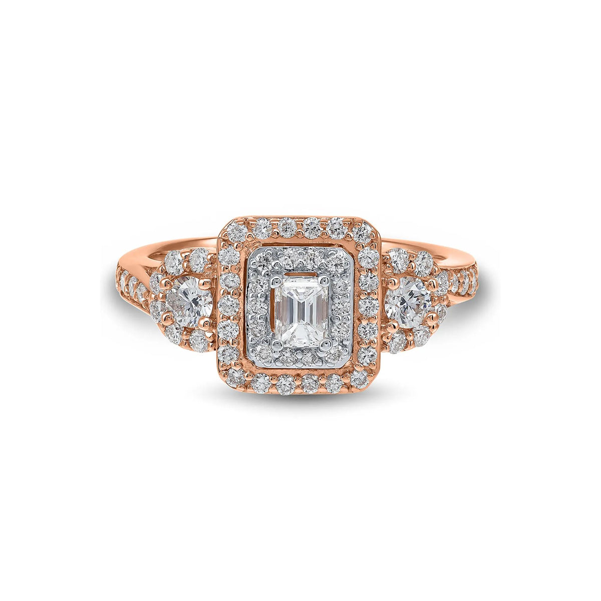 1 CT. Tw. Double Halo Emerald-Cut Diamond Engagement Ring 14K Rose Gold Size 6