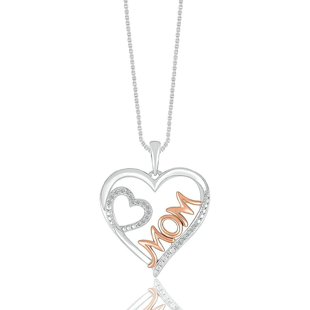 Double Heart Diamond Accent Mom Pendant Necklace .925 Sterling Silver and 10K Rose Gold White Size 18"