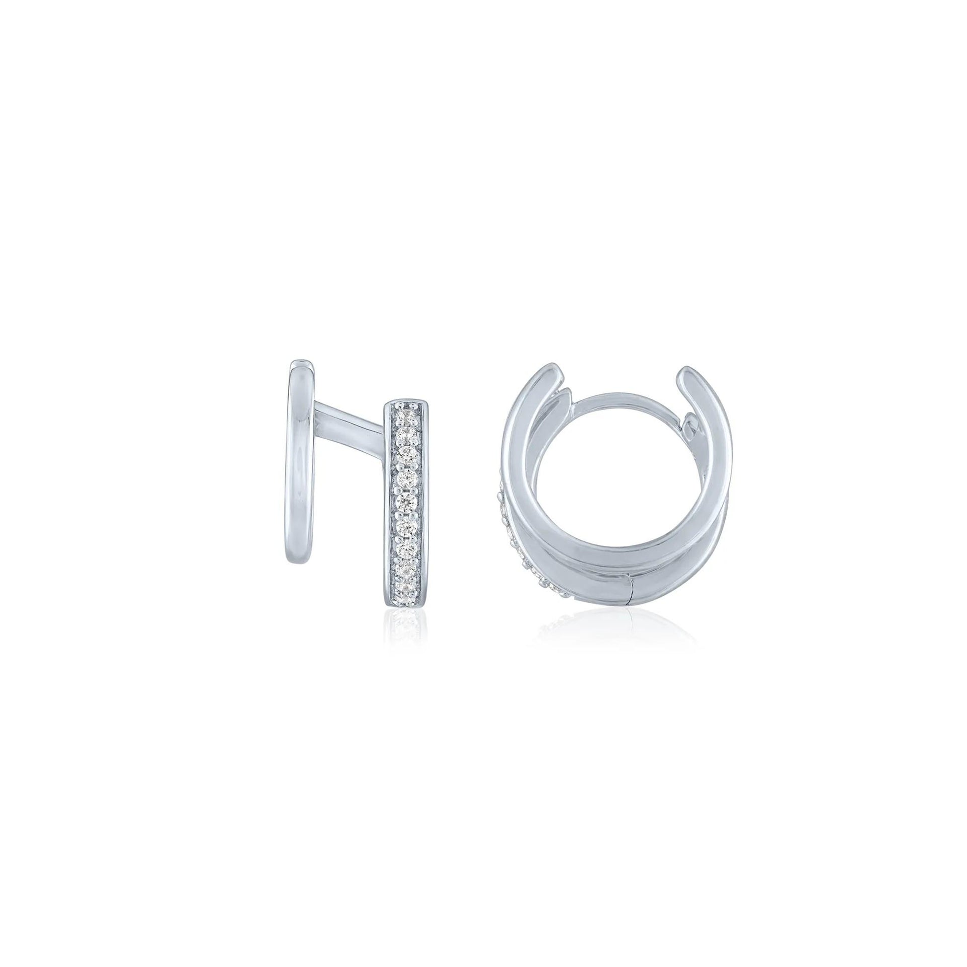 Double Hoop Huggie Earrings with Diamond Accents .925 Sterling Silver White Size 6.70mm