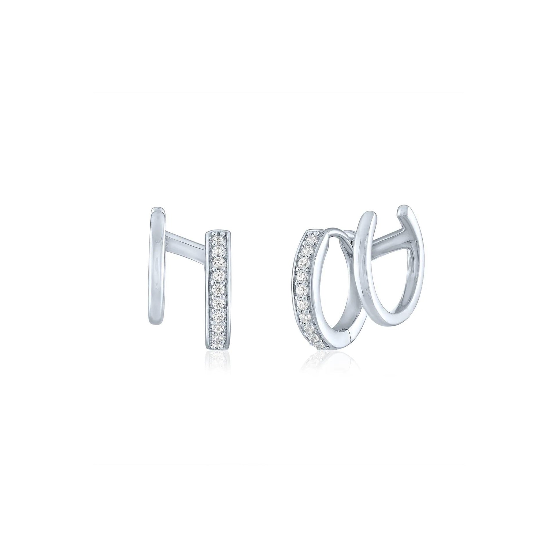 Double Hoop Huggie Earrings with Diamond Accents .925 Sterling Silver White Size 6.70mm