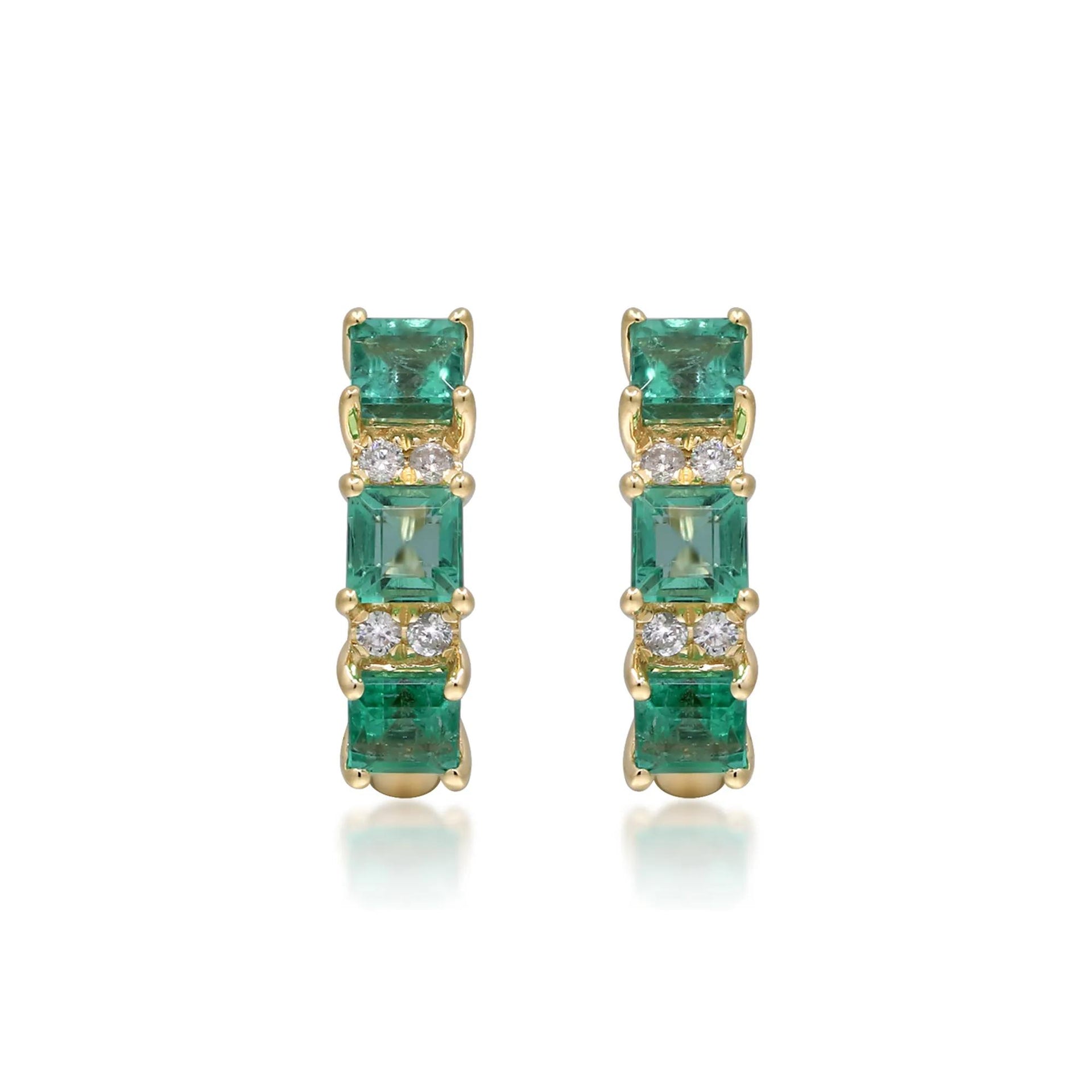 Emerald and Diamond Accent Huggie Hoop Earrings 10K Yellow Gold Size 3.00mm
