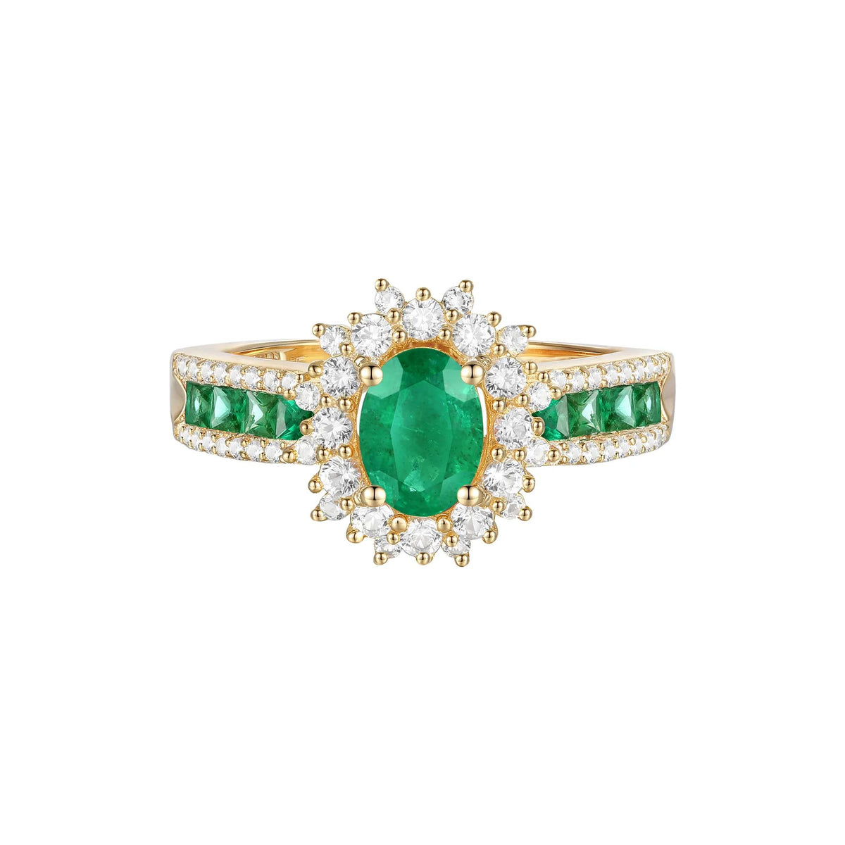 1/2 CT. Tw. Emerald and Diamond Halo Ring 14K Yellow Gold Size 6 1mm