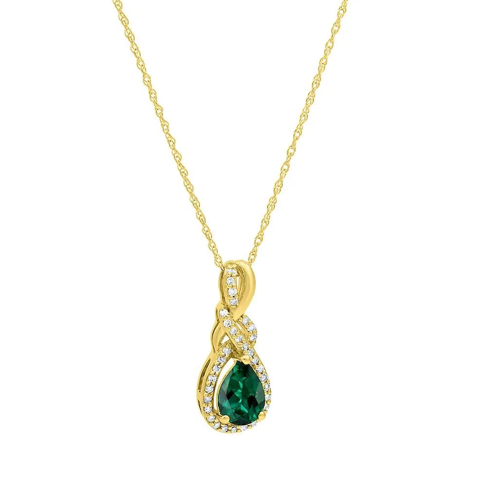 Emerald & Diamond Pendant Necklace 10K Yellow Gold Size 18"