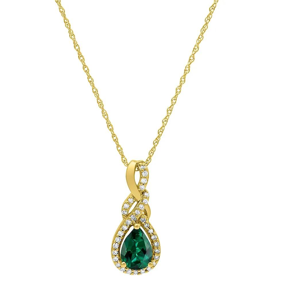 Emerald & Diamond Pendant Necklace 10K Yellow Gold Size 18"
