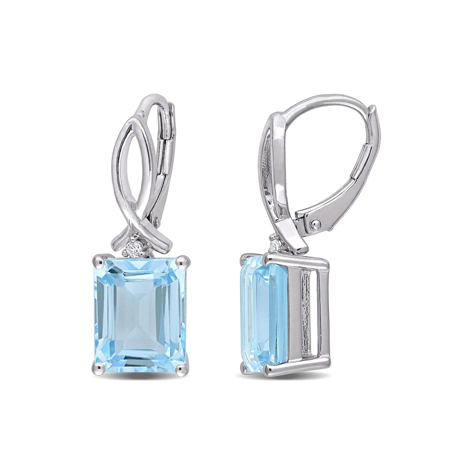 Emerald-Cut Blue & White Topaz Drop Earring .925 Sterling Silver Size 8.70mm